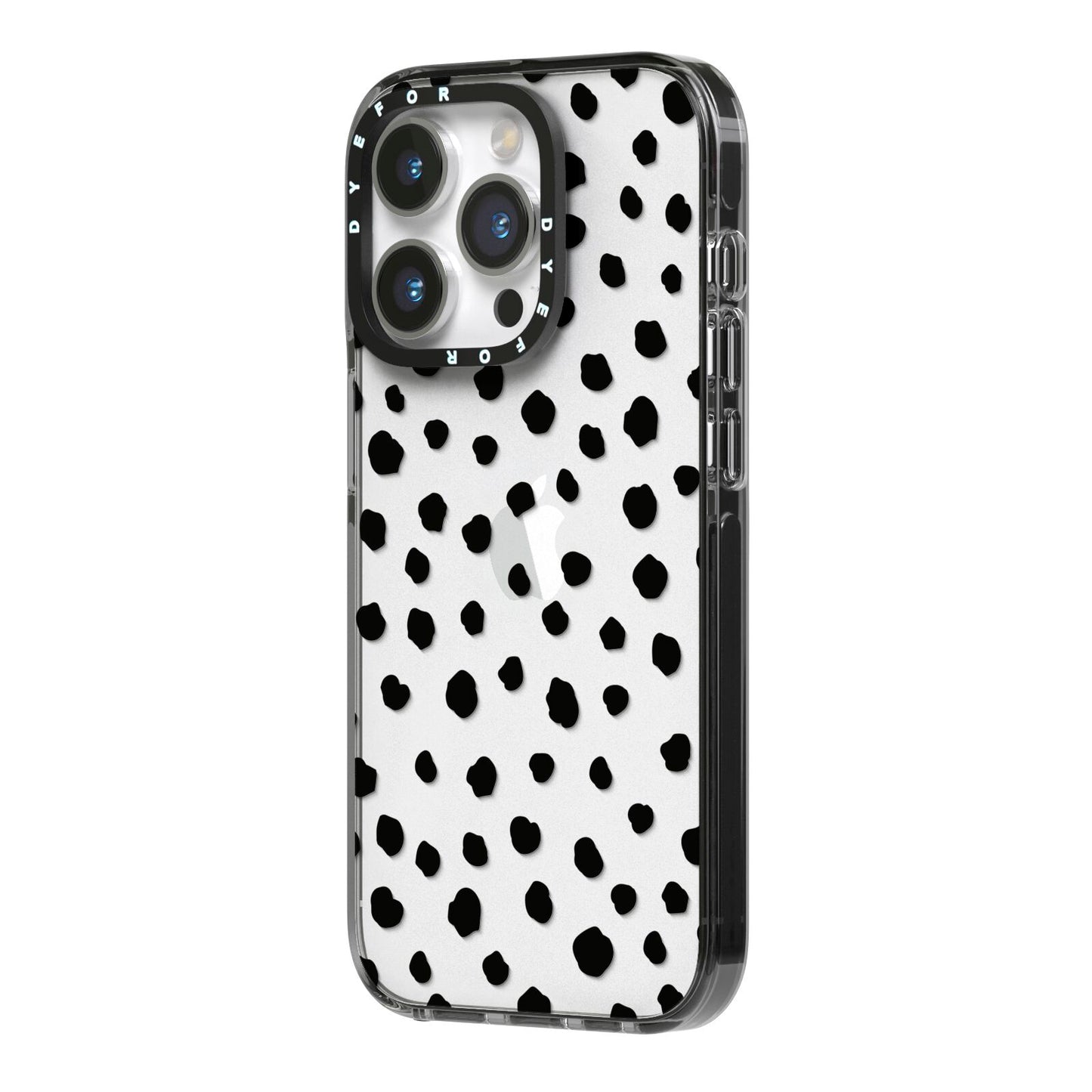 Polka Dot iPhone 14 Pro Black Impact Case Side Angle on Silver phone