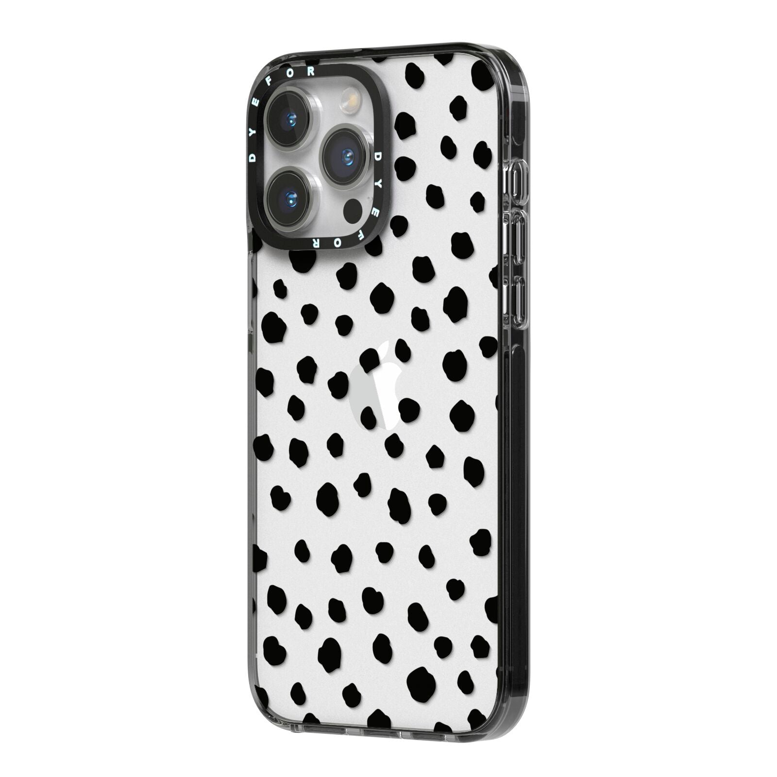 Polka Dot iPhone 14 Pro Max Black Impact Case Side Angle on Silver phone