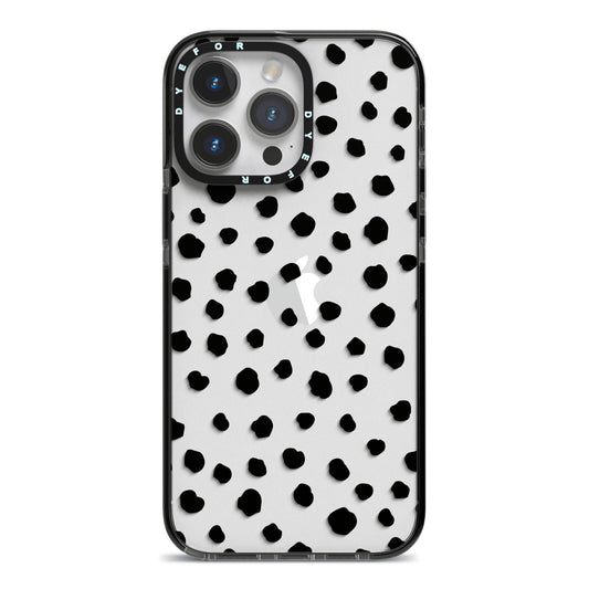 Polka Dot iPhone 14 Pro Max Black Impact Case on Silver phone