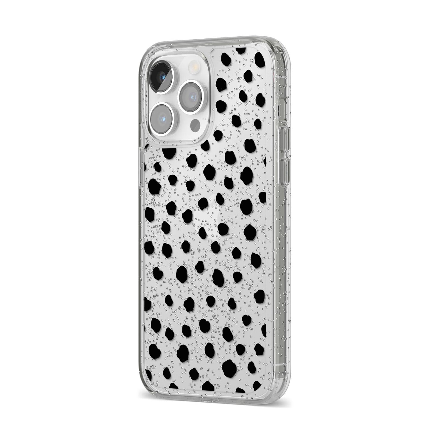 Polka Dot iPhone 14 Pro Max Glitter Tough Case Silver Angled Image