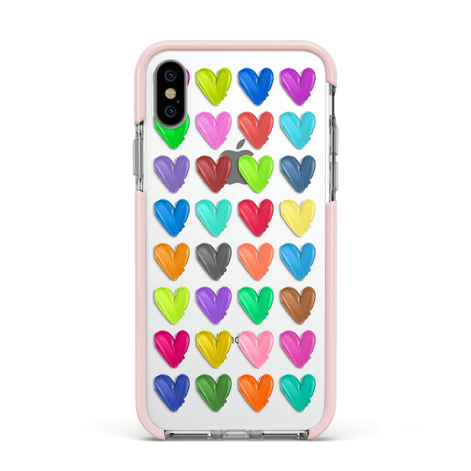 Polka Heart Apple iPhone Xs Impact Case Pink Edge on Silver Phone