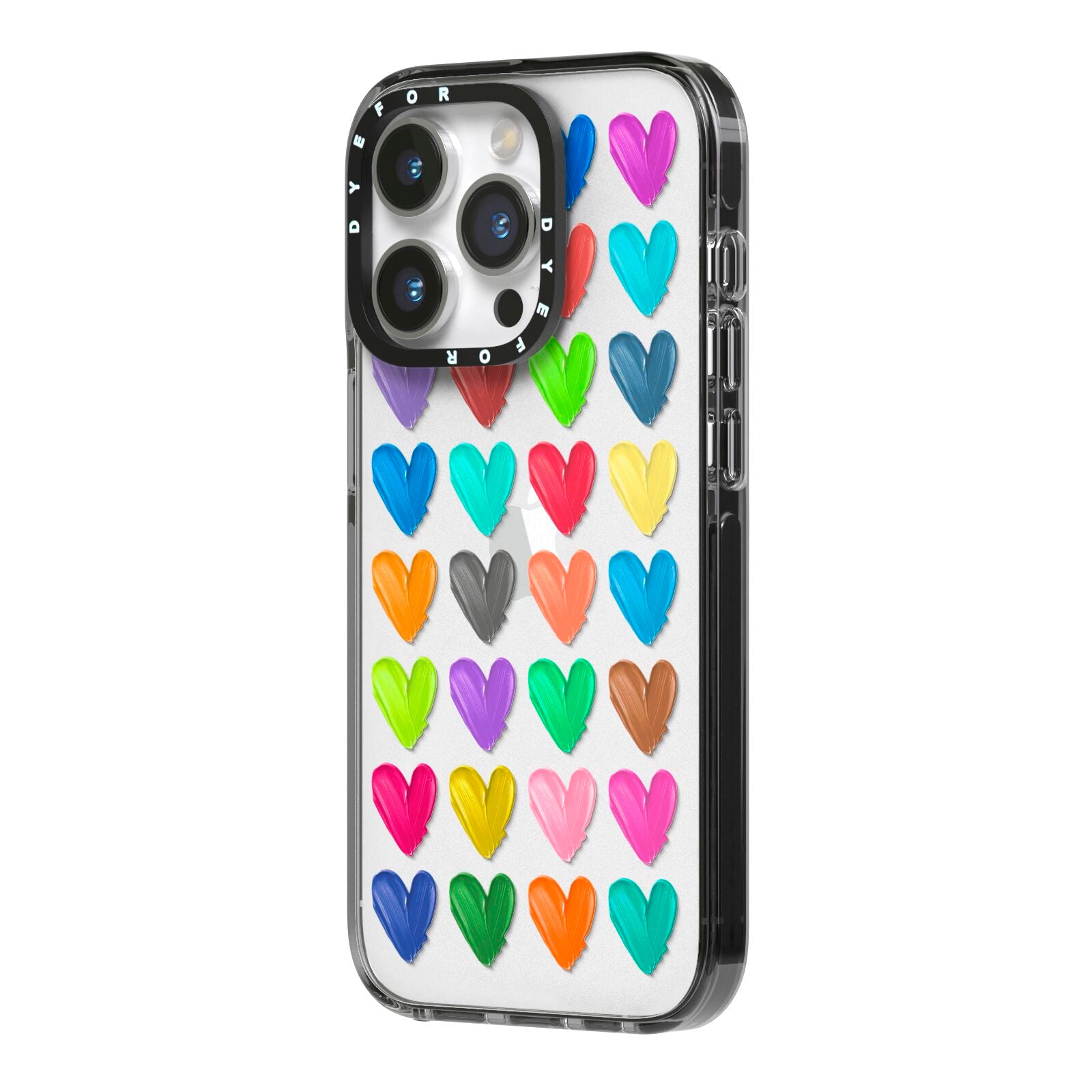 Polka Heart iPhone 14 Pro Black Impact Case Side Angle on Silver phone