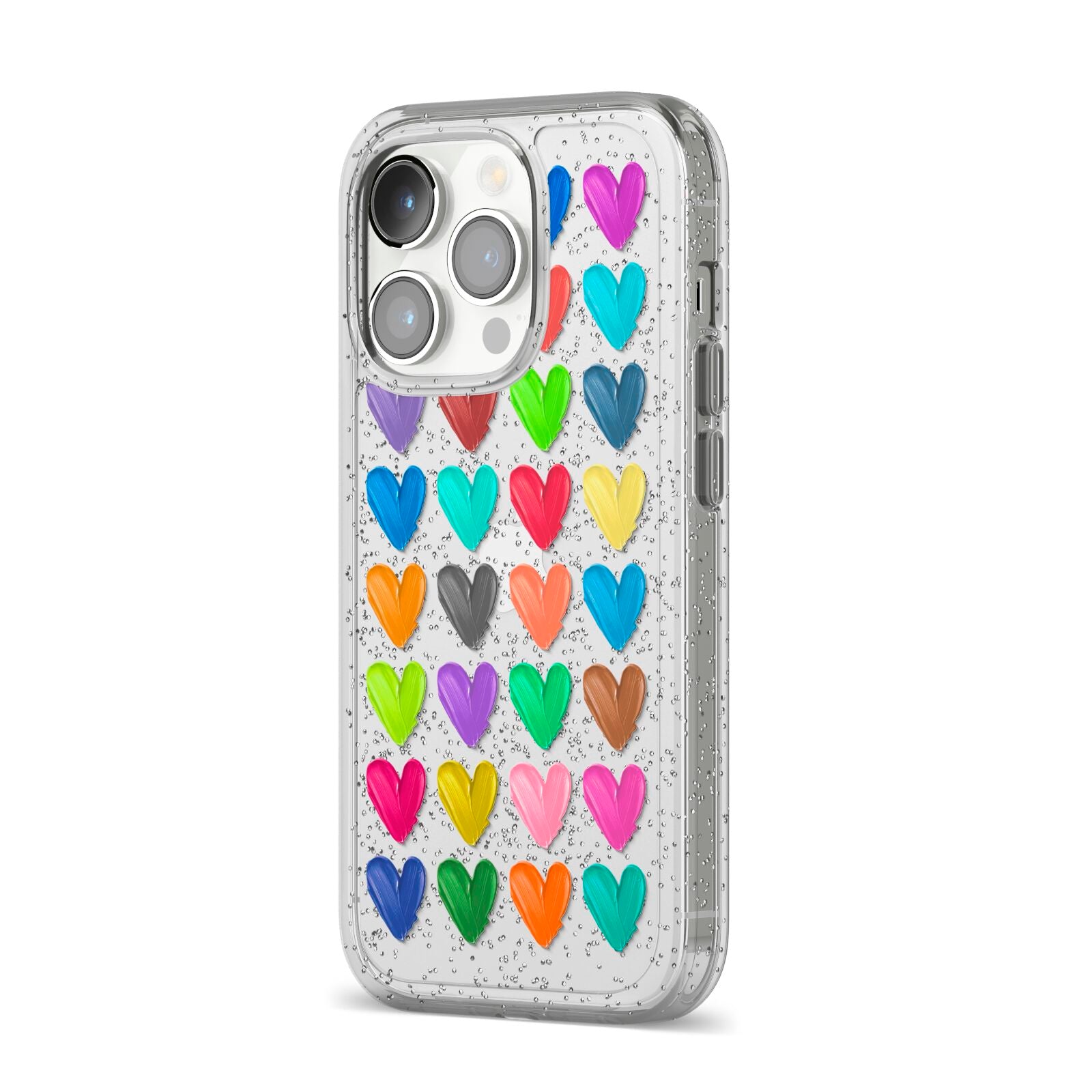 Polka Heart iPhone 14 Pro Glitter Tough Case Silver Angled Image
