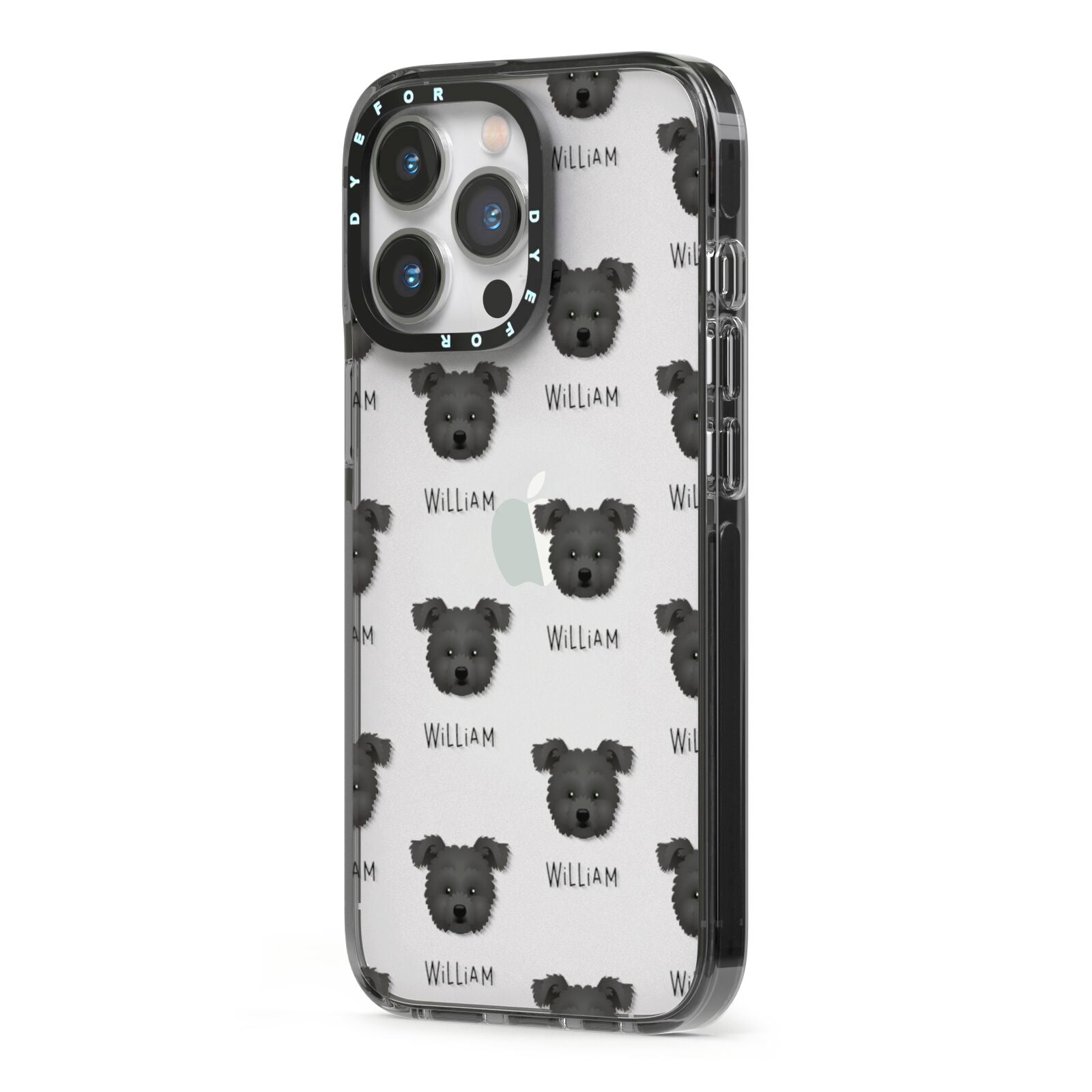 Pomapoo Icon with Name iPhone 13 Pro Black Impact Case Side Angle on Silver phone