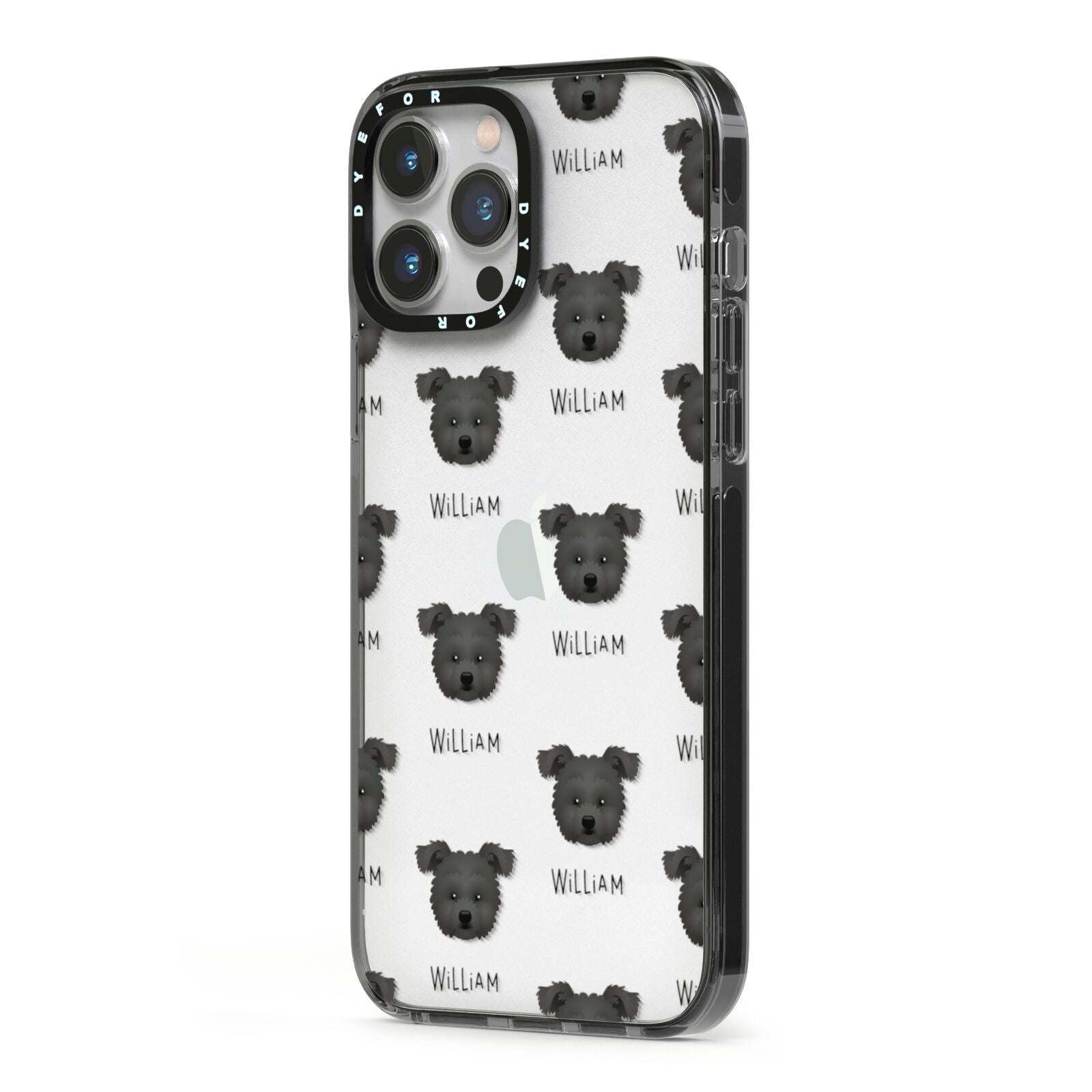 Pomapoo Icon with Name iPhone 13 Pro Max Black Impact Case Side Angle on Silver phone