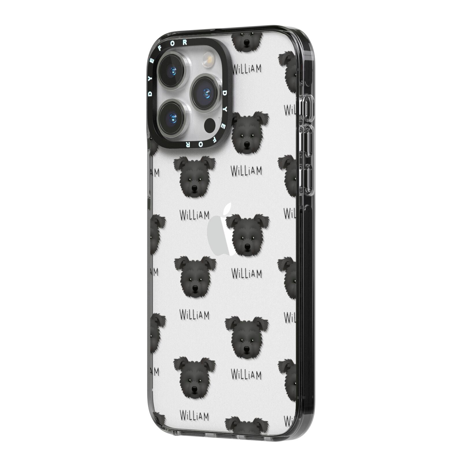 Pomapoo Icon with Name iPhone 14 Pro Max Black Impact Case Side Angle on Silver phone