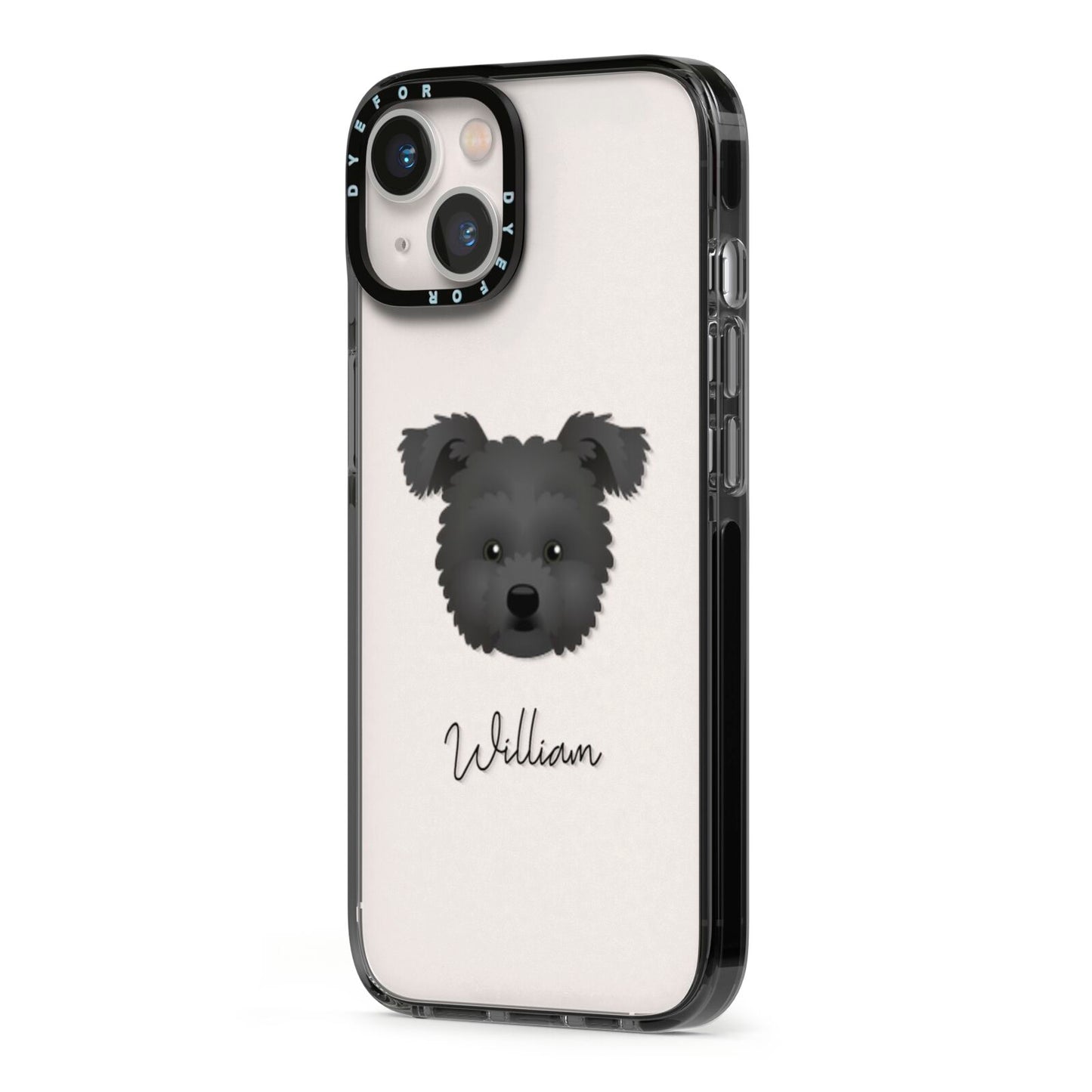 Pomapoo Personalised iPhone 13 Black Impact Case Side Angle on Silver phone