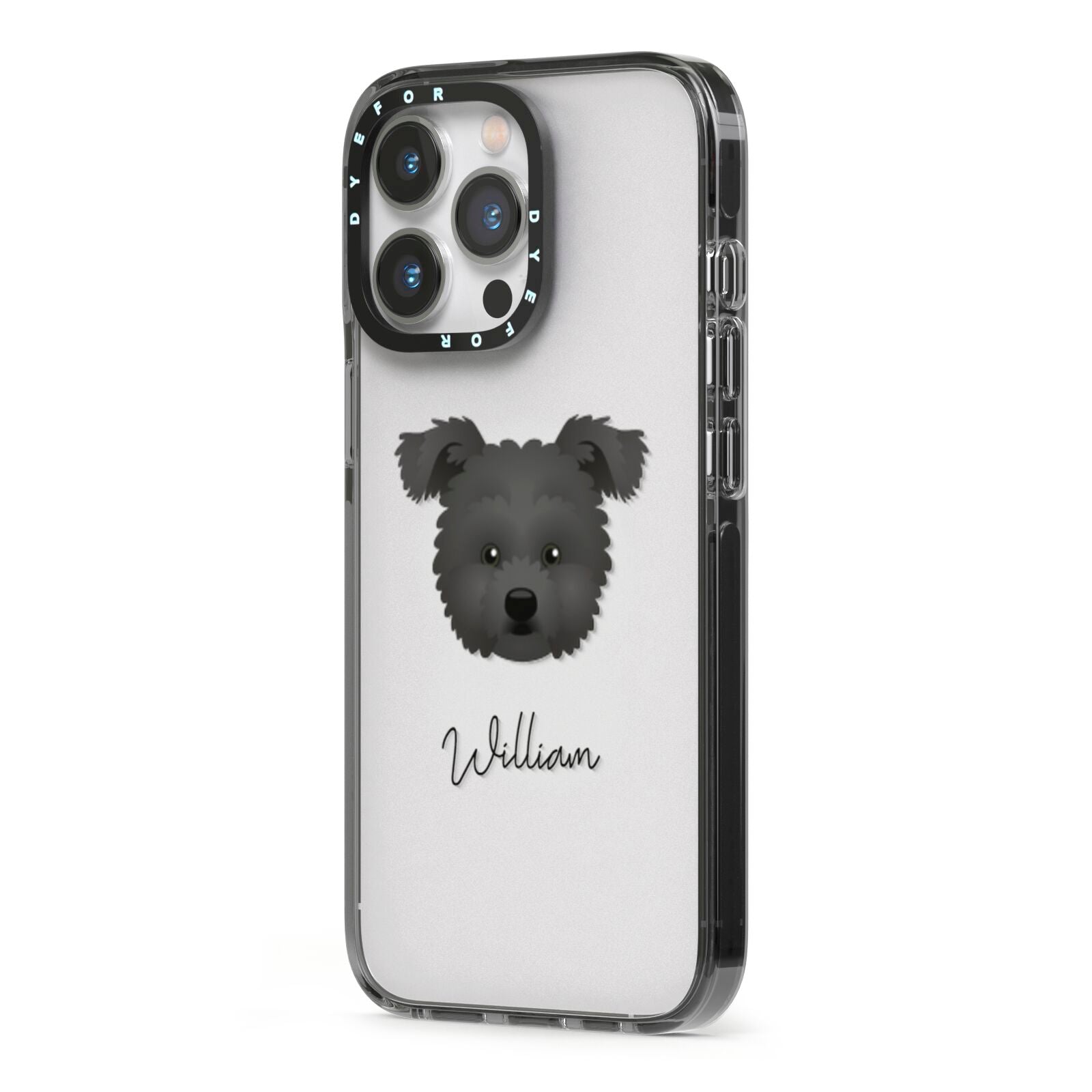 Pomapoo Personalised iPhone 13 Pro Black Impact Case Side Angle on Silver phone