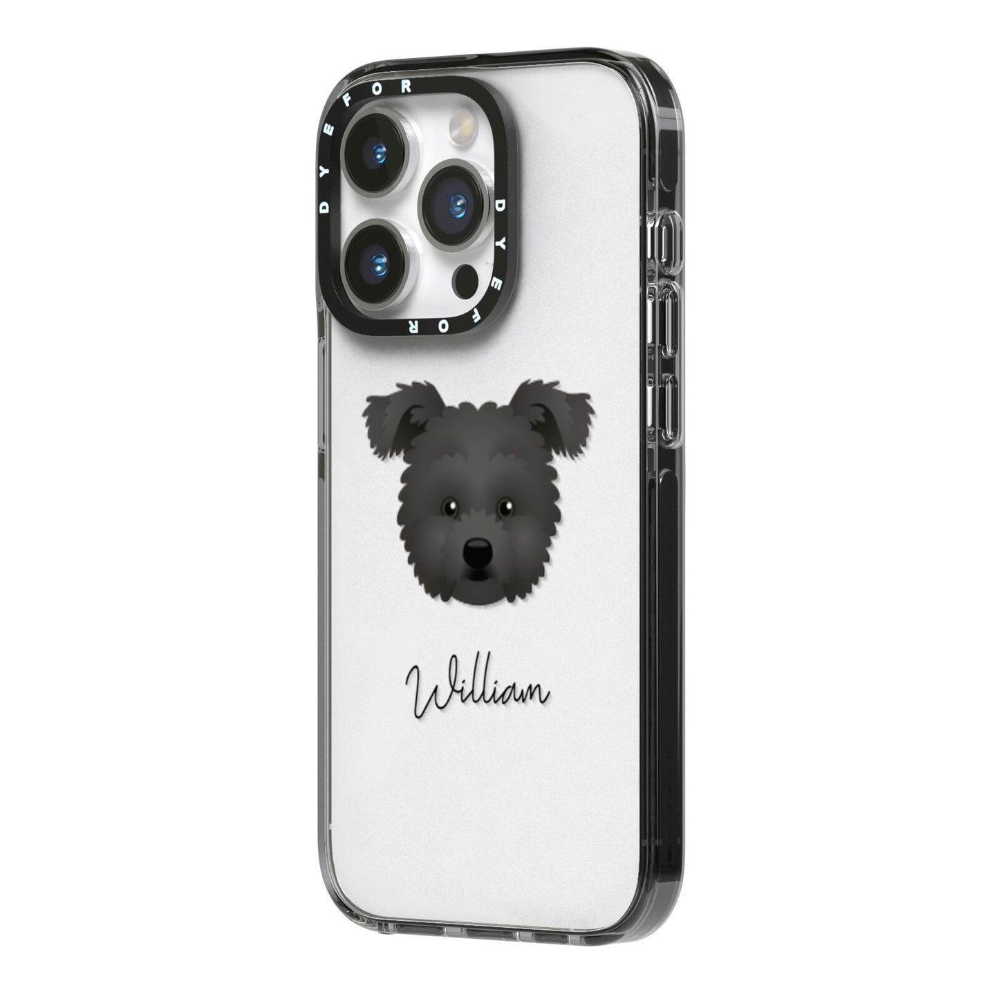 Pomapoo Personalised iPhone 14 Pro Black Impact Case Side Angle on Silver phone