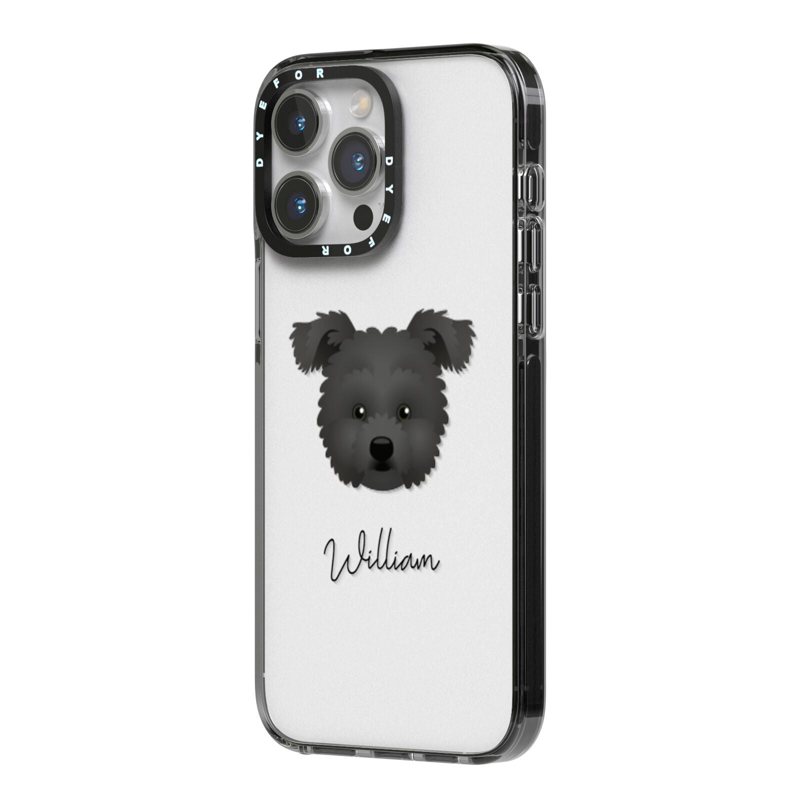 Pomapoo Personalised iPhone 14 Pro Max Black Impact Case Side Angle on Silver phone