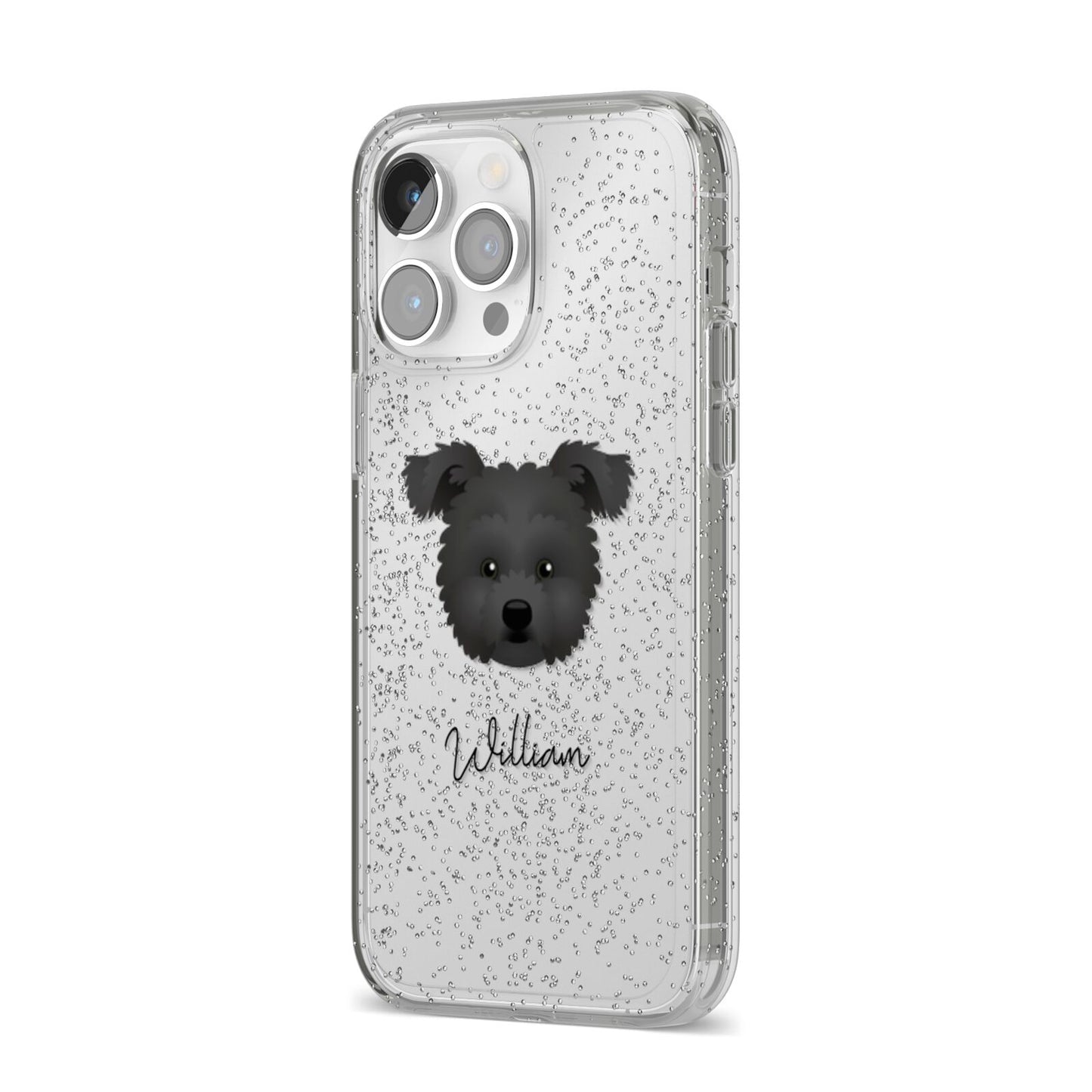 Pomapoo Personalised iPhone 14 Pro Max Glitter Tough Case Silver Angled Image