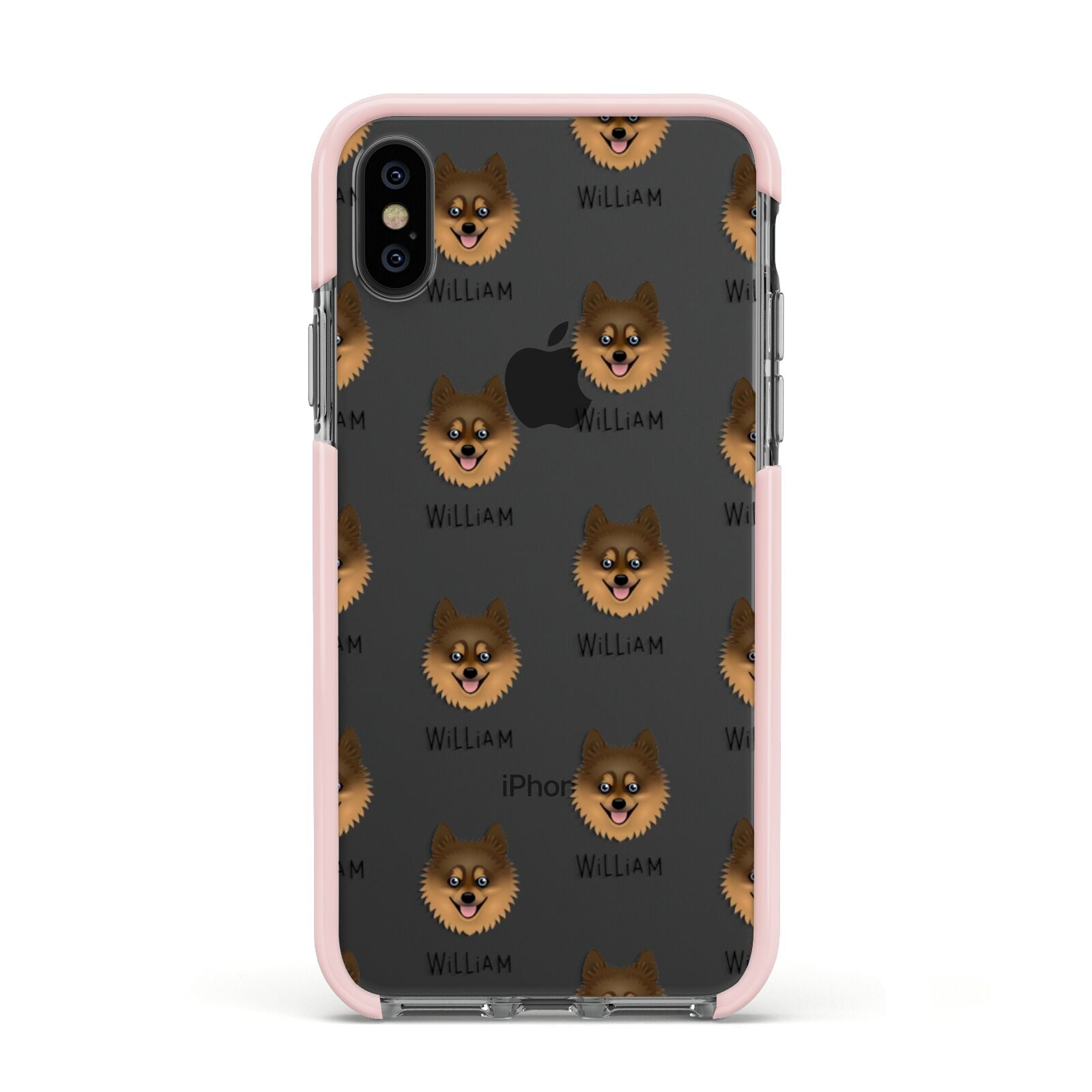 Pomsky Icon with Name Apple iPhone Xs Impact Case Pink Edge on Black Phone