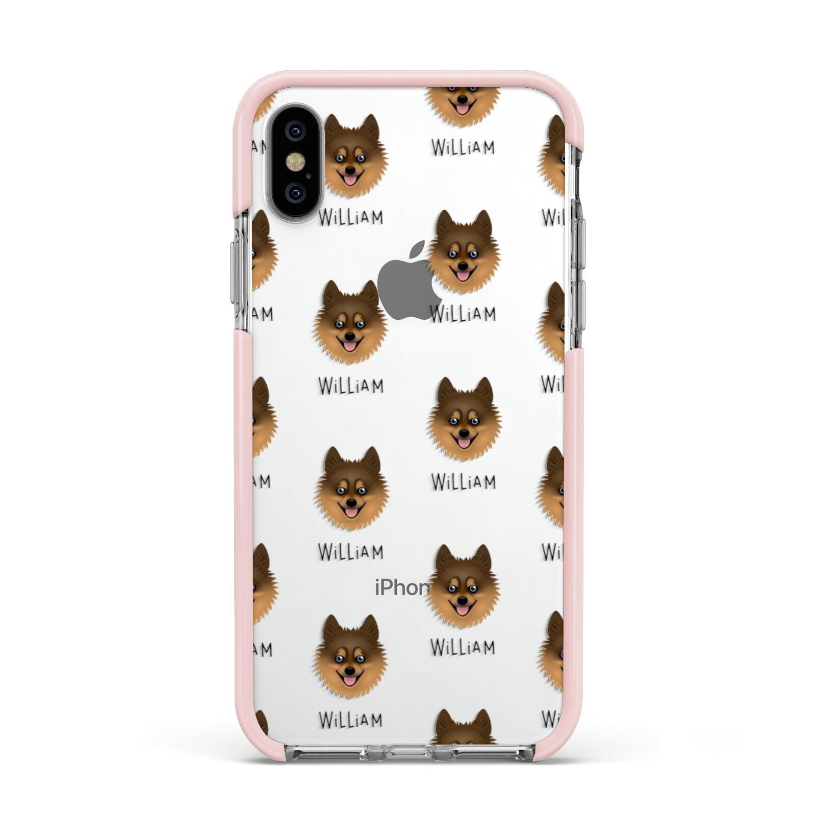 Pomsky Icon with Name Apple iPhone Xs Impact Case Pink Edge on Silver Phone