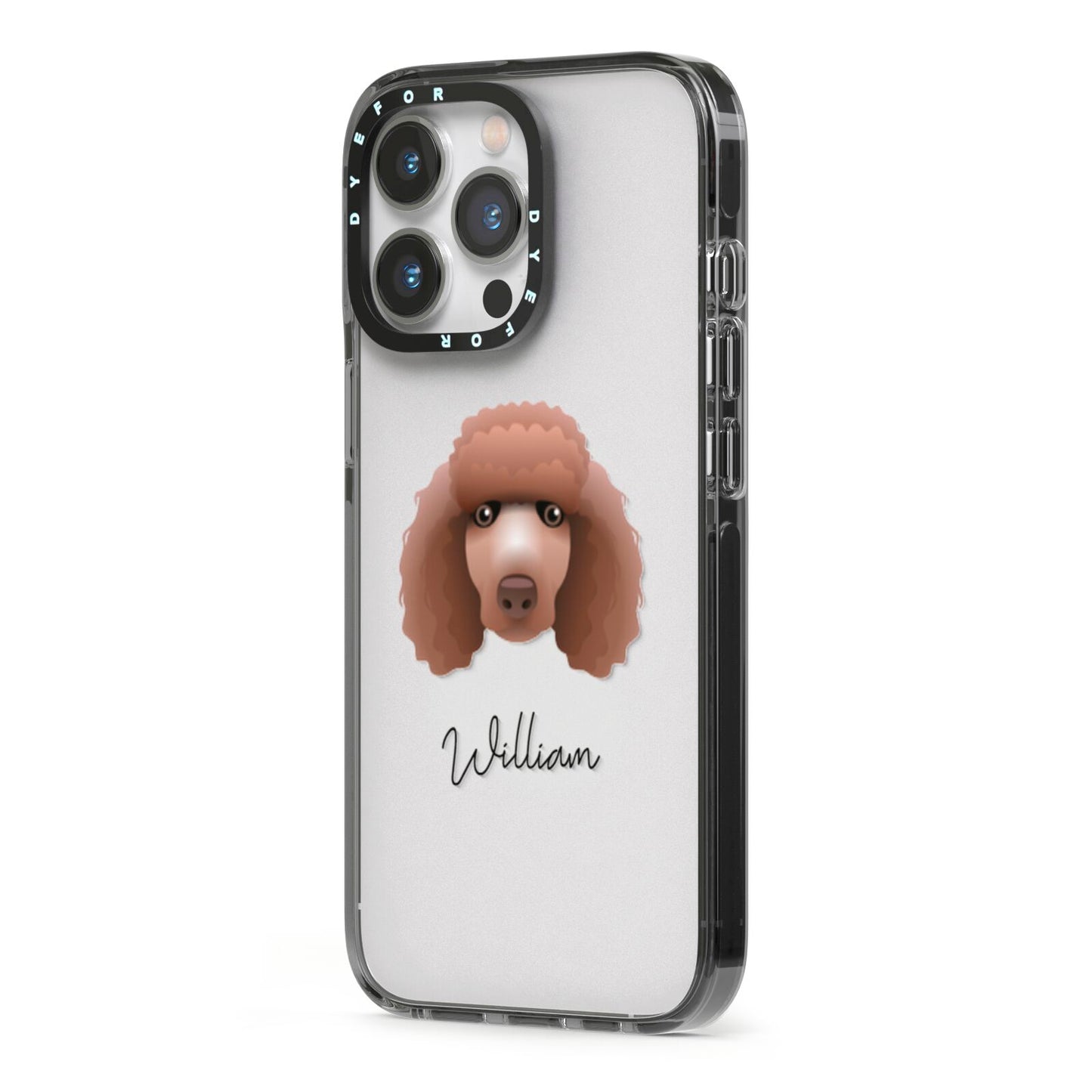 Poodle Personalised iPhone 13 Pro Black Impact Case Side Angle on Silver phone