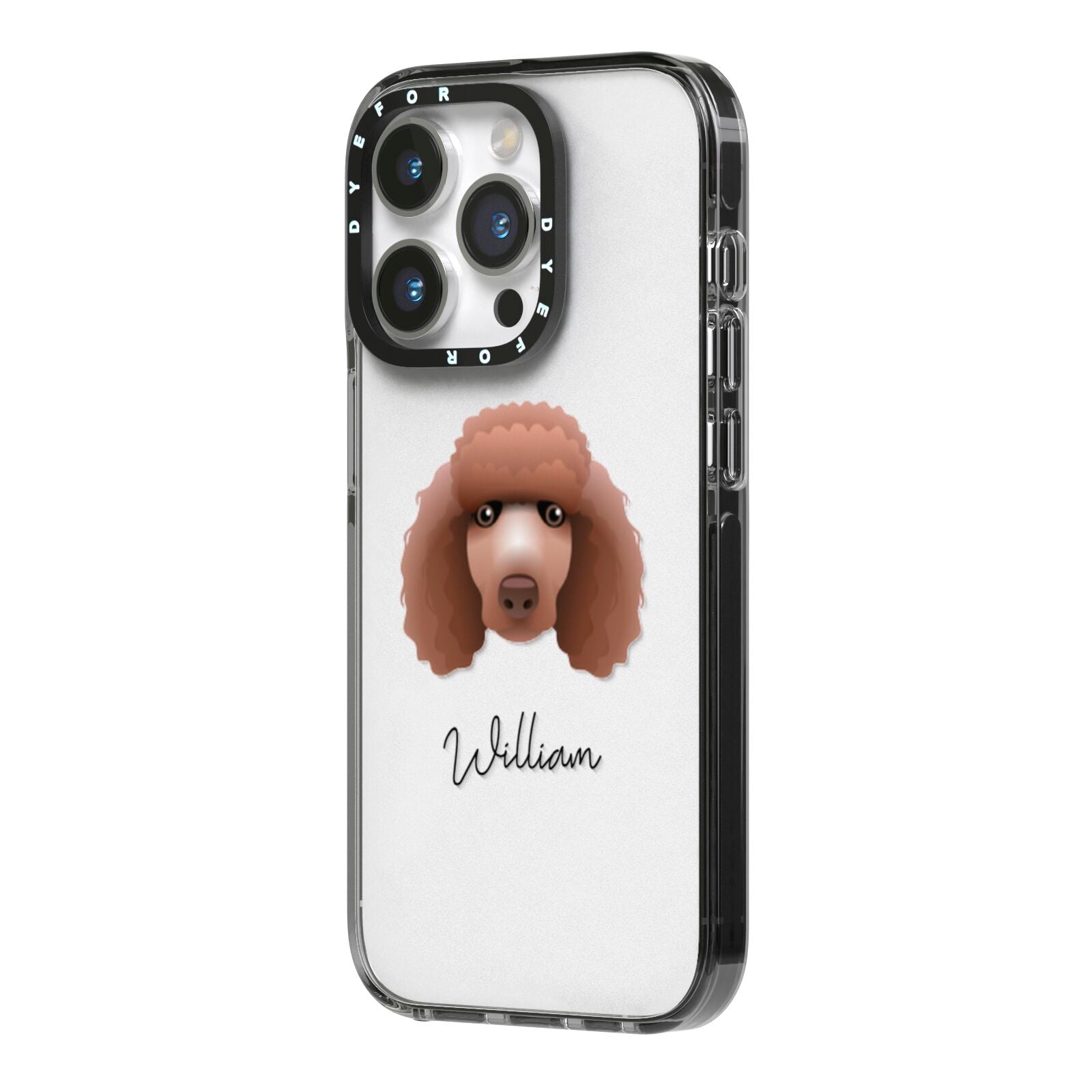 Poodle Personalised iPhone 14 Pro Black Impact Case Side Angle on Silver phone
