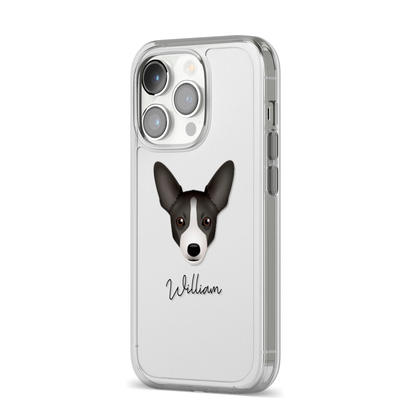 Portuguese Podengo Personalised iPhone 14 Pro Clear Tough Case Silver Angled Image