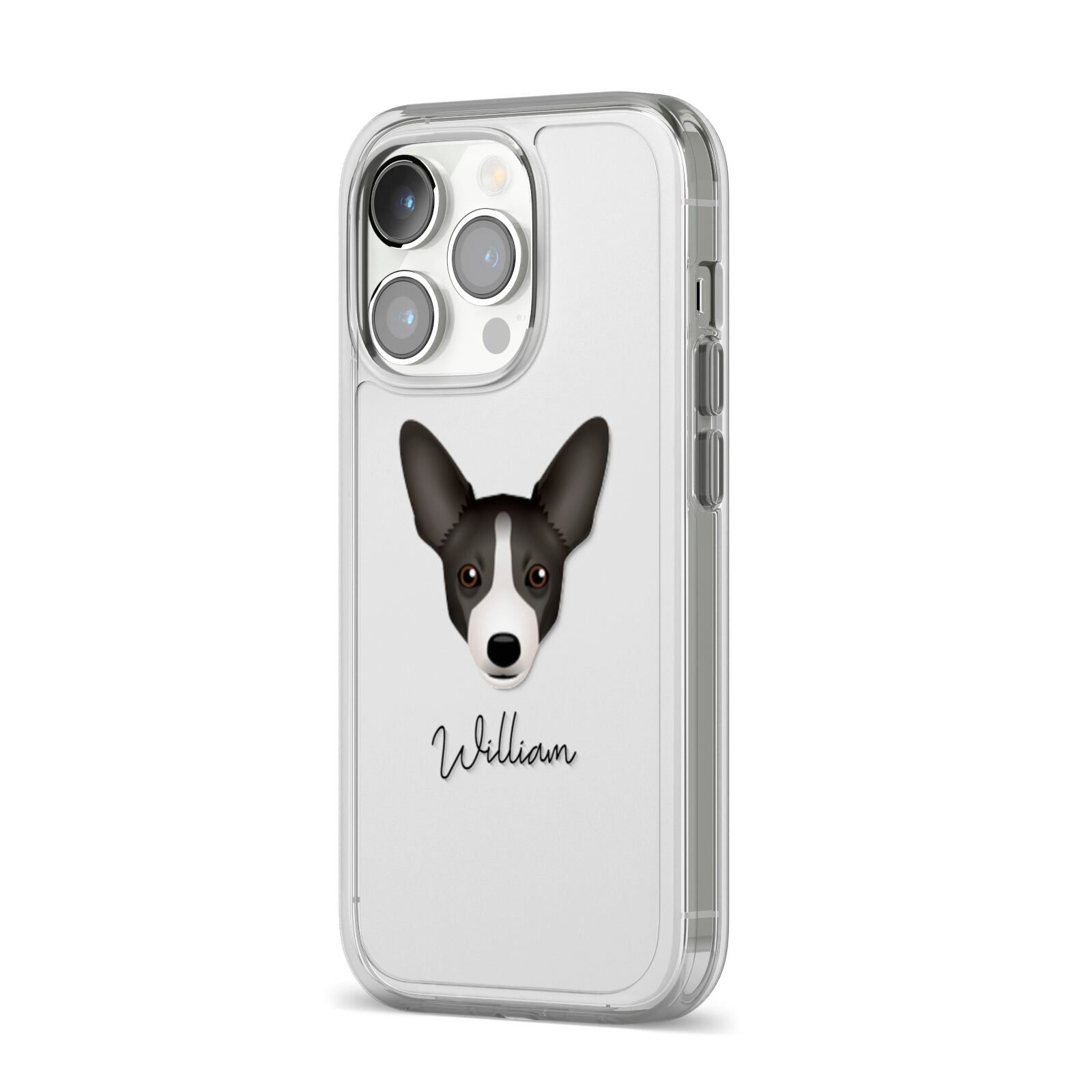 Portuguese Podengo Personalised iPhone 14 Pro Clear Tough Case Silver Angled Image