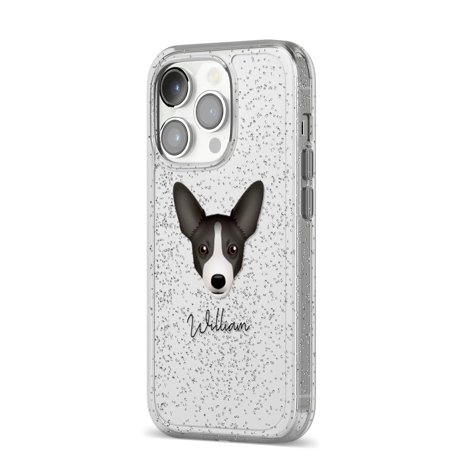 Portuguese Podengo Personalised iPhone 14 Pro Glitter Tough Case Silver Angled Image