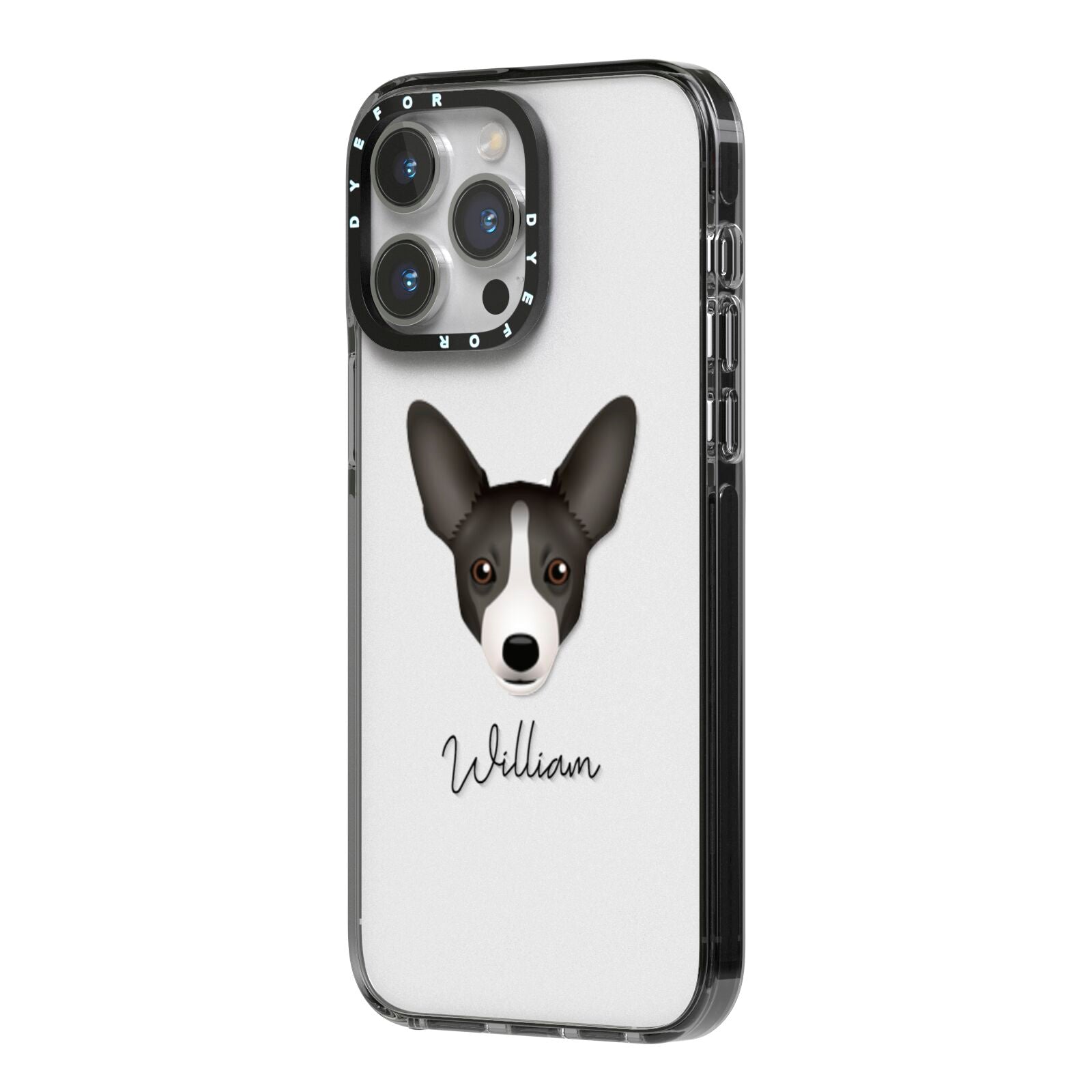 Portuguese Podengo Personalised iPhone 14 Pro Max Black Impact Case Side Angle on Silver phone