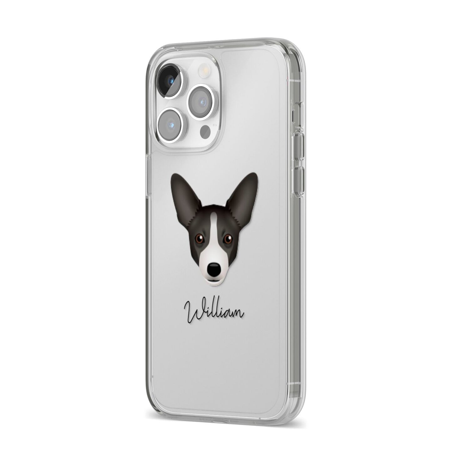 Portuguese Podengo Personalised iPhone 14 Pro Max Clear Tough Case Silver Angled Image