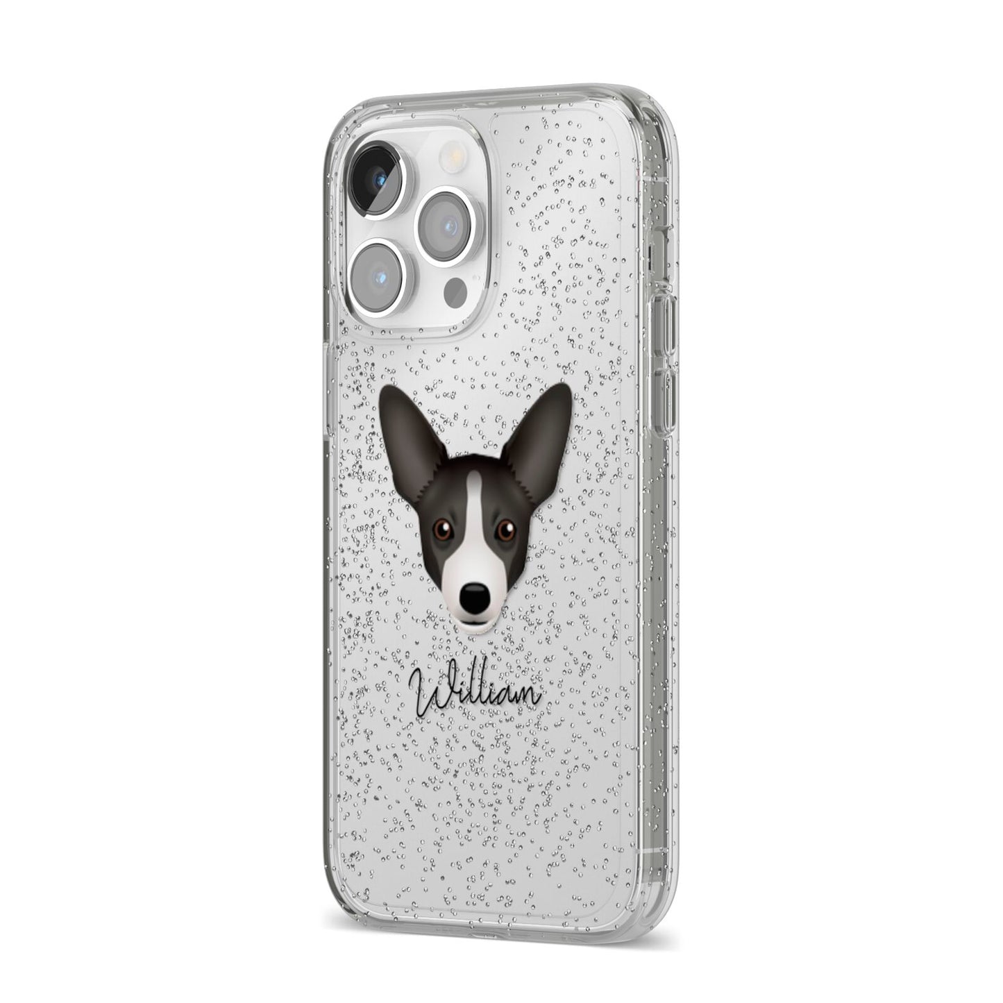Portuguese Podengo Personalised iPhone 14 Pro Max Glitter Tough Case Silver Angled Image