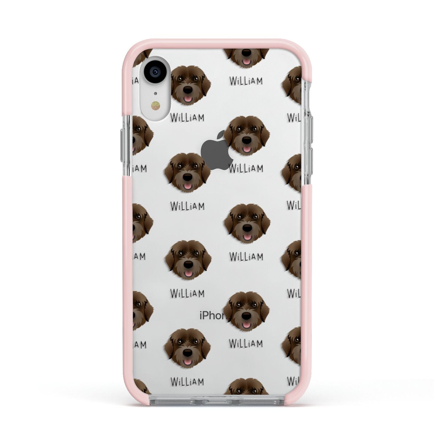 Portuguese Water Dog Icon with Name Apple iPhone XR Impact Case Pink Edge on Silver Phone