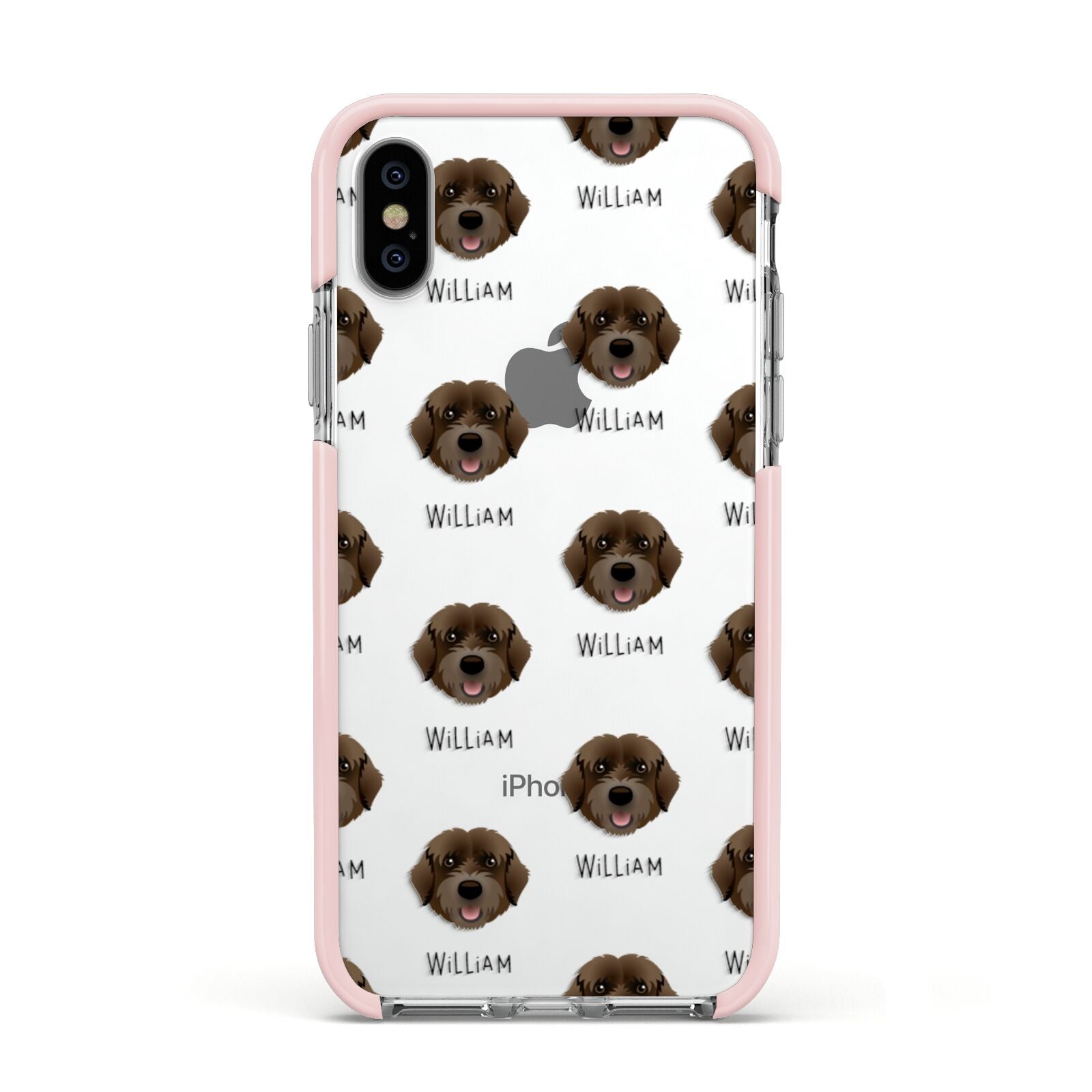Portuguese Water Dog Icon with Name Apple iPhone Xs Impact Case Pink Edge on Silver Phone