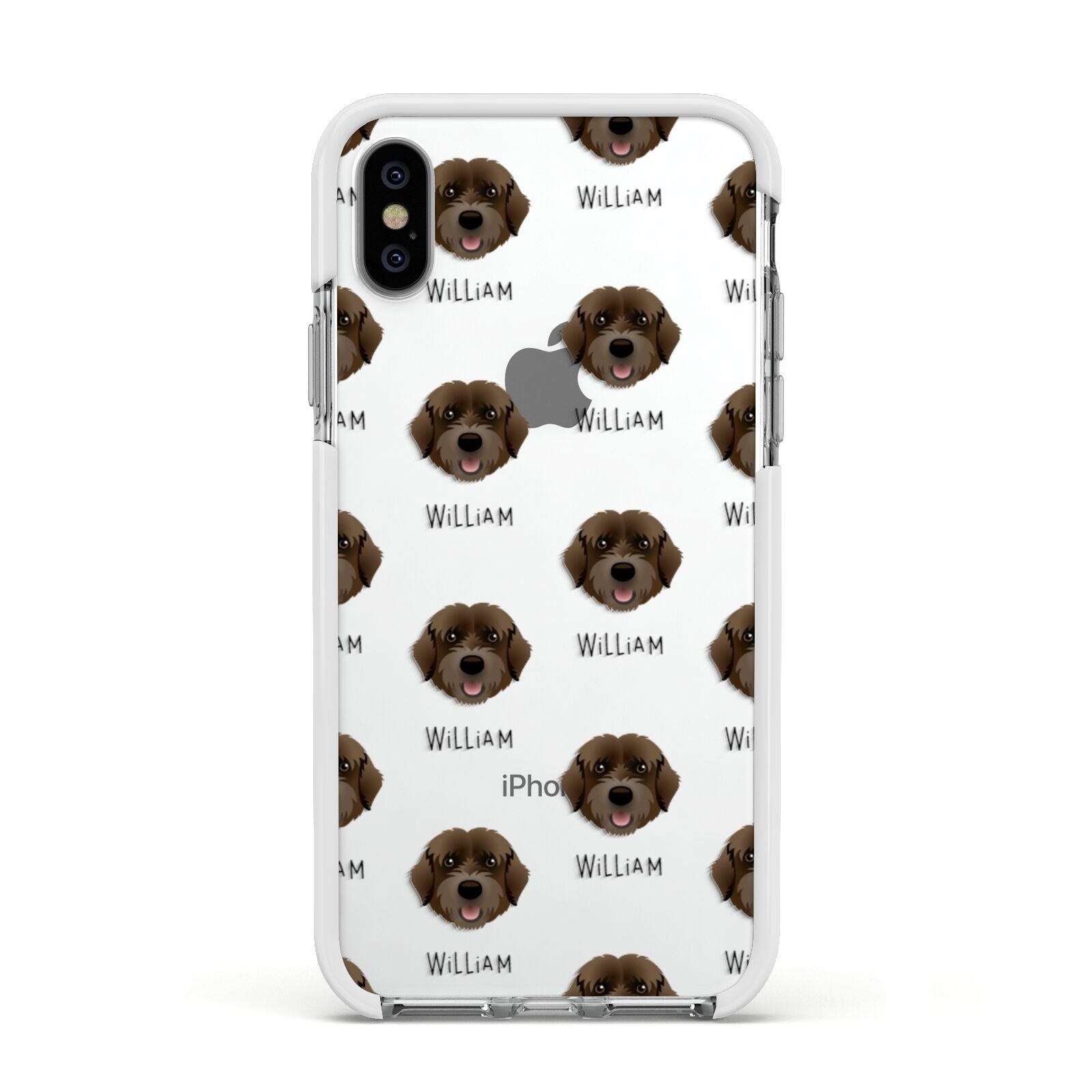 Portuguese Water Dog Icon with Name Apple iPhone Xs Impact Case White Edge on Silver Phone
