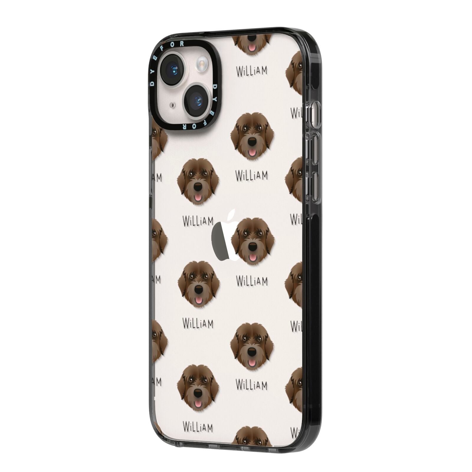 Portuguese Water Dog Icon with Name iPhone 14 Plus Black Impact Case Side Angle on Silver phone