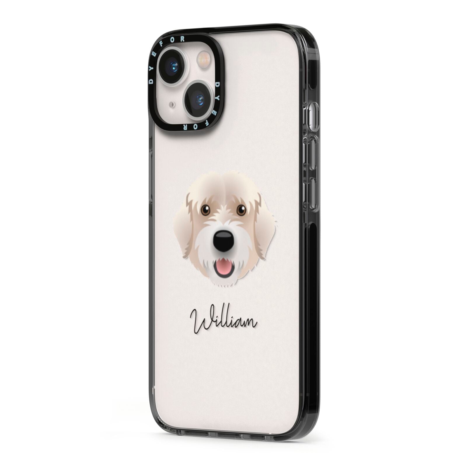 Portuguese Water Dog Personalised iPhone 13 Black Impact Case Side Angle on Silver phone