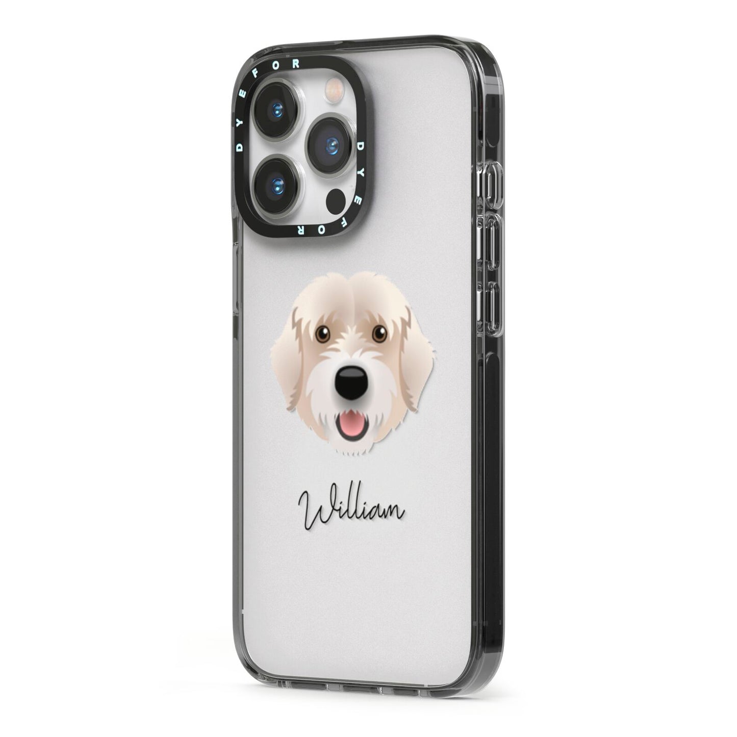 Portuguese Water Dog Personalised iPhone 13 Pro Black Impact Case Side Angle on Silver phone