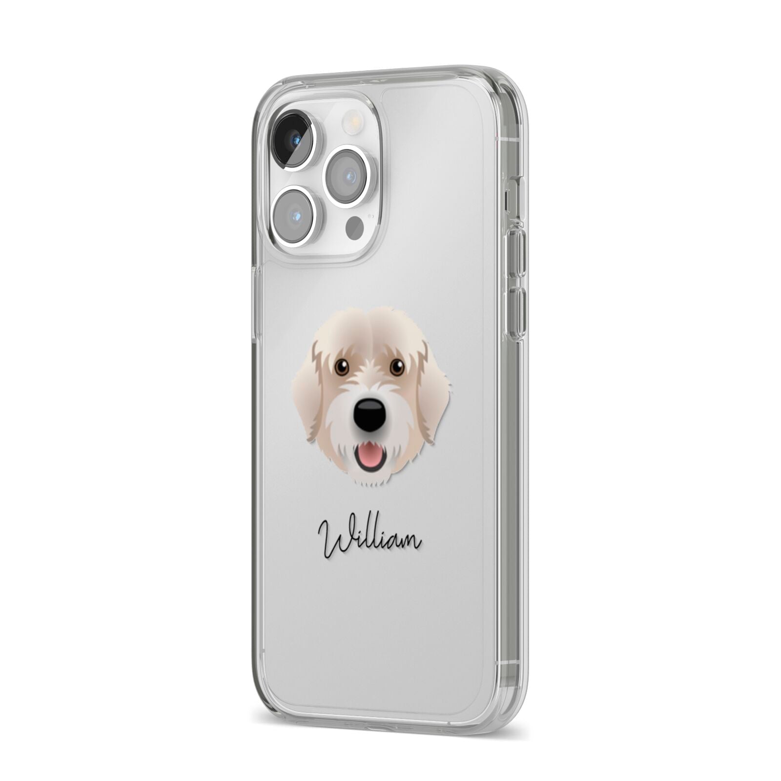 Portuguese Water Dog Personalised iPhone 14 Pro Max Clear Tough Case Silver Angled Image