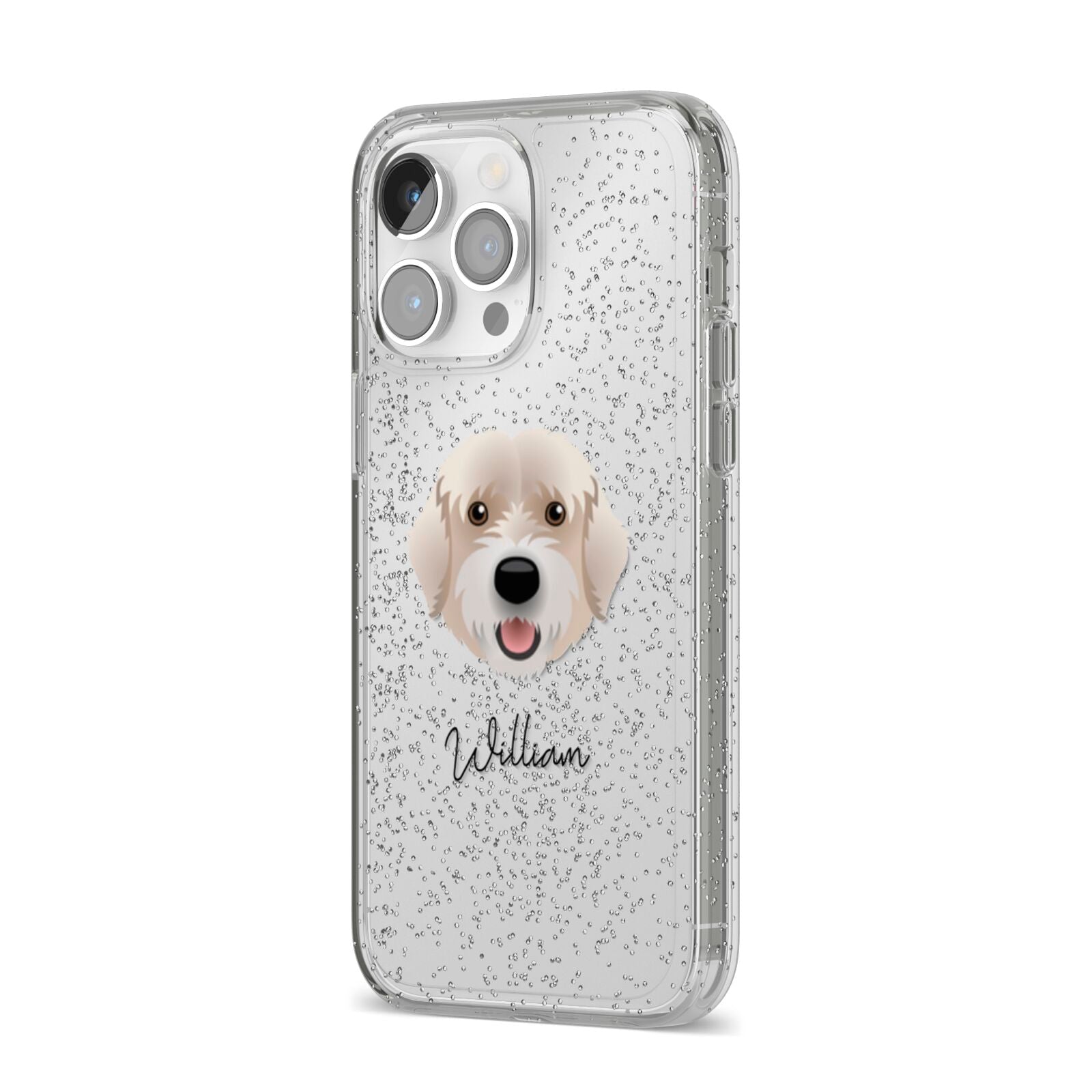 Portuguese Water Dog Personalised iPhone 14 Pro Max Glitter Tough Case Silver Angled Image
