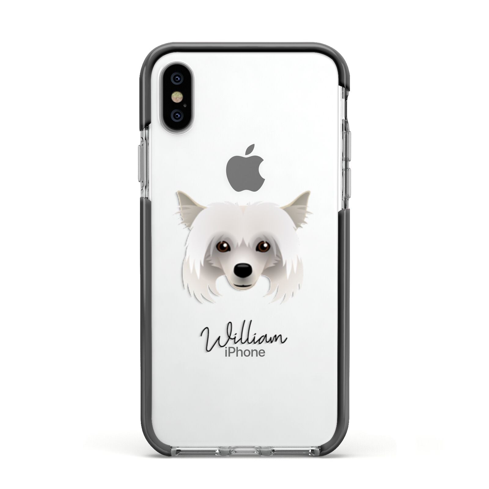 Powderpuff Chinese Crested Personalised Apple iPhone Xs Impact Case Black Edge on Silver Phone