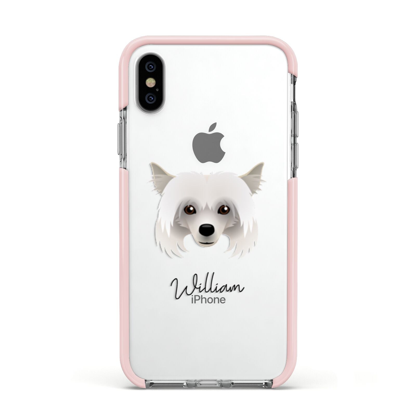 Powderpuff Chinese Crested Personalised Apple iPhone Xs Impact Case Pink Edge on Silver Phone