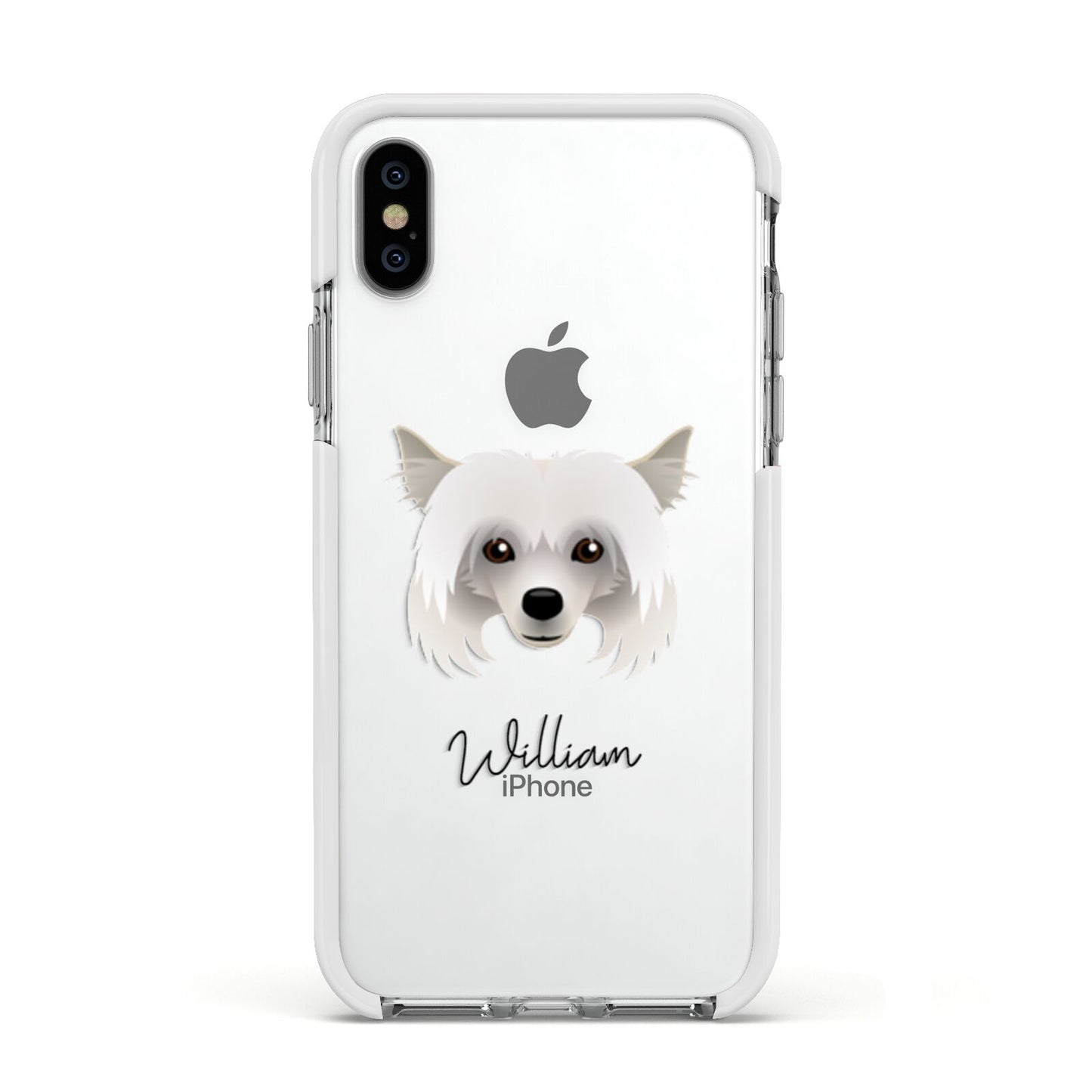 Powderpuff Chinese Crested Personalised Apple iPhone Xs Impact Case White Edge on Silver Phone