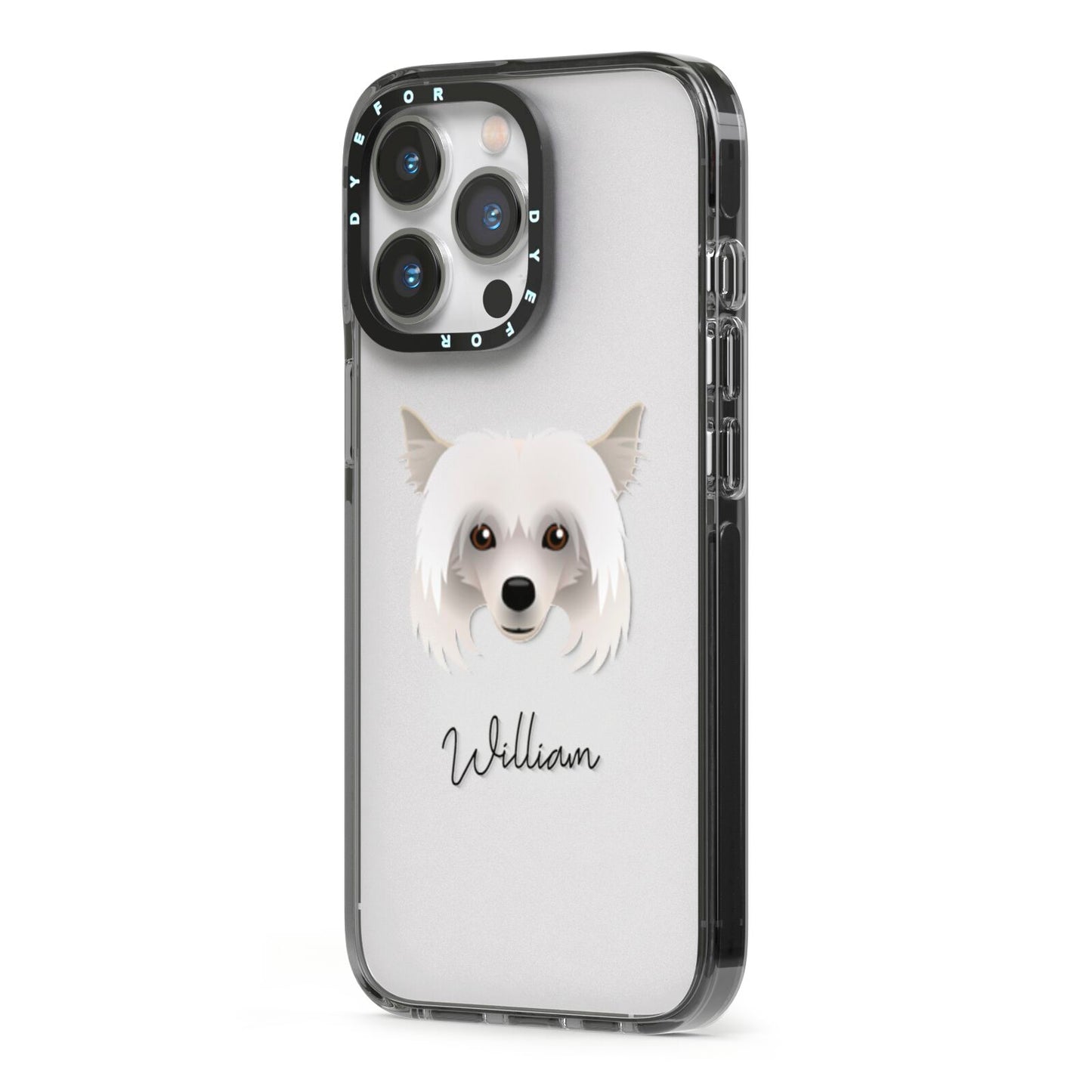 Powderpuff Chinese Crested Personalised iPhone 13 Pro Black Impact Case Side Angle on Silver phone