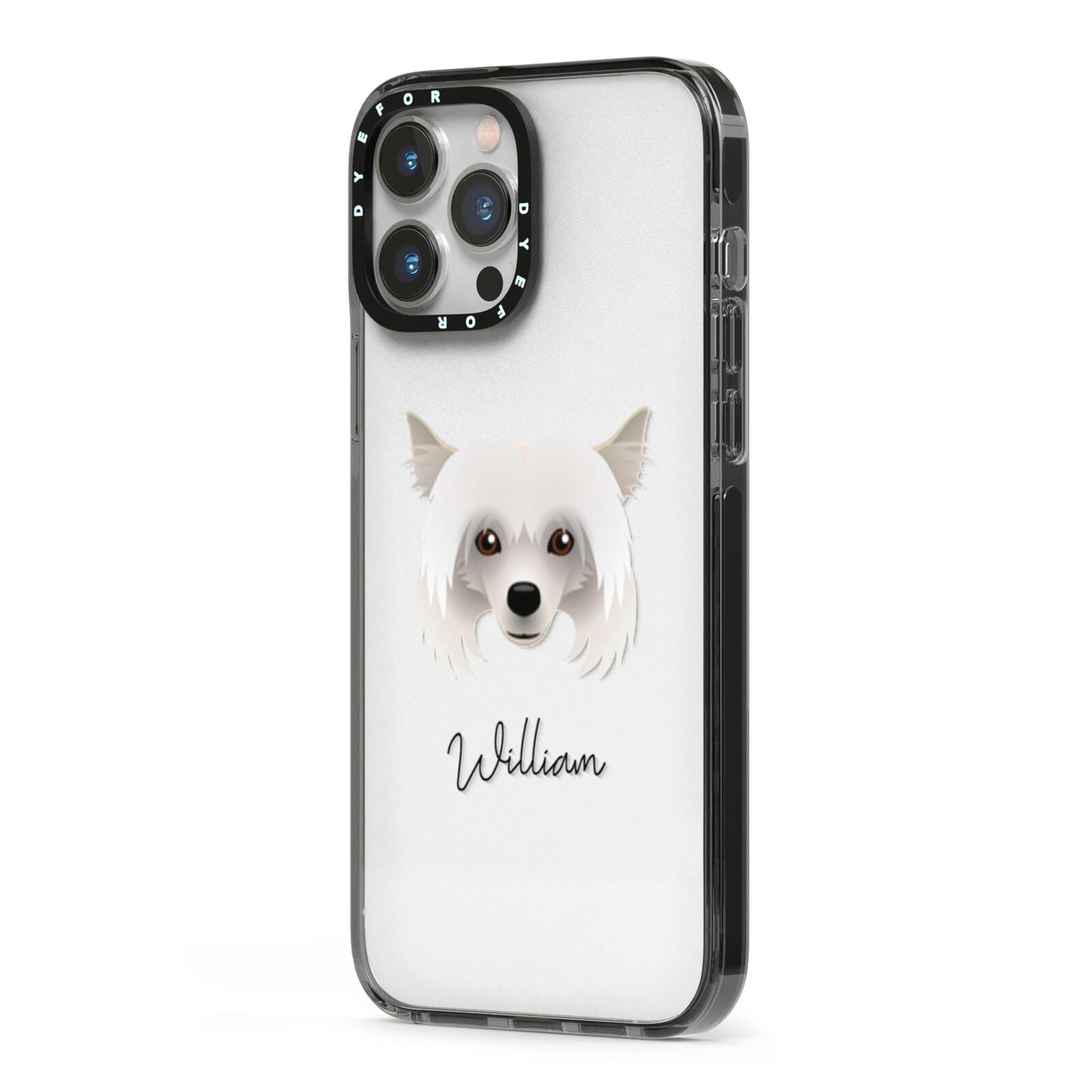Powderpuff Chinese Crested Personalised iPhone 13 Pro Max Black Impact Case Side Angle on Silver phone