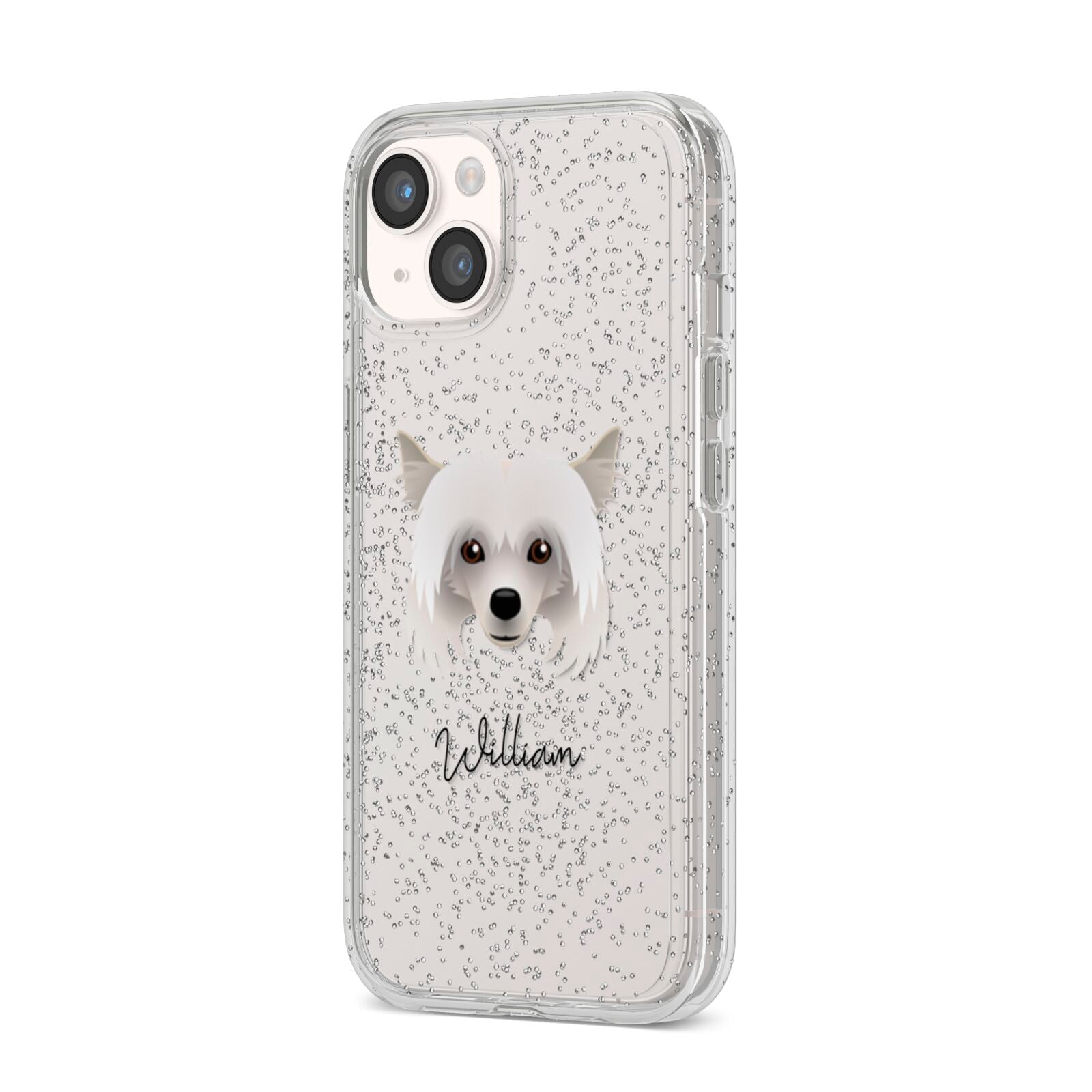 Powderpuff Chinese Crested Personalised iPhone 14 Glitter Tough Case Starlight Angled Image