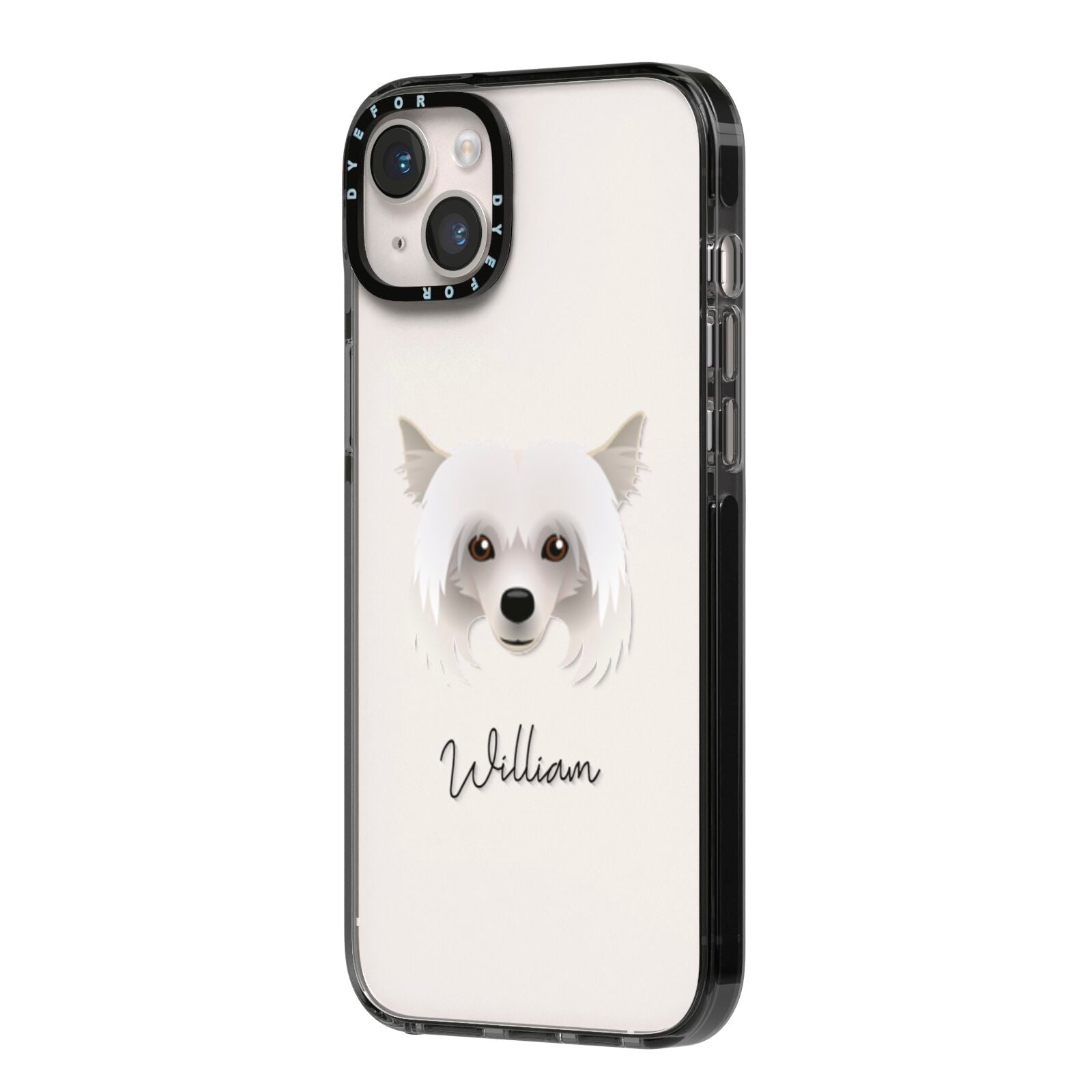 Powderpuff Chinese Crested Personalised iPhone 14 Plus Black Impact Case Side Angle on Silver phone