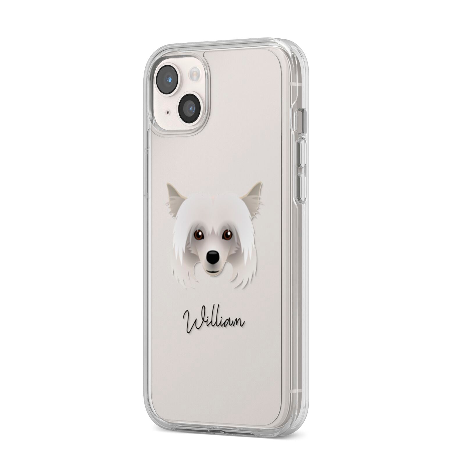 Powderpuff Chinese Crested Personalised iPhone 14 Plus Clear Tough Case Starlight Angled Image
