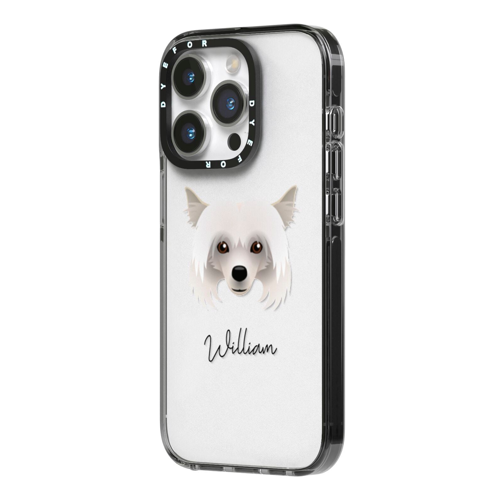Powderpuff Chinese Crested Personalised iPhone 14 Pro Black Impact Case Side Angle on Silver phone