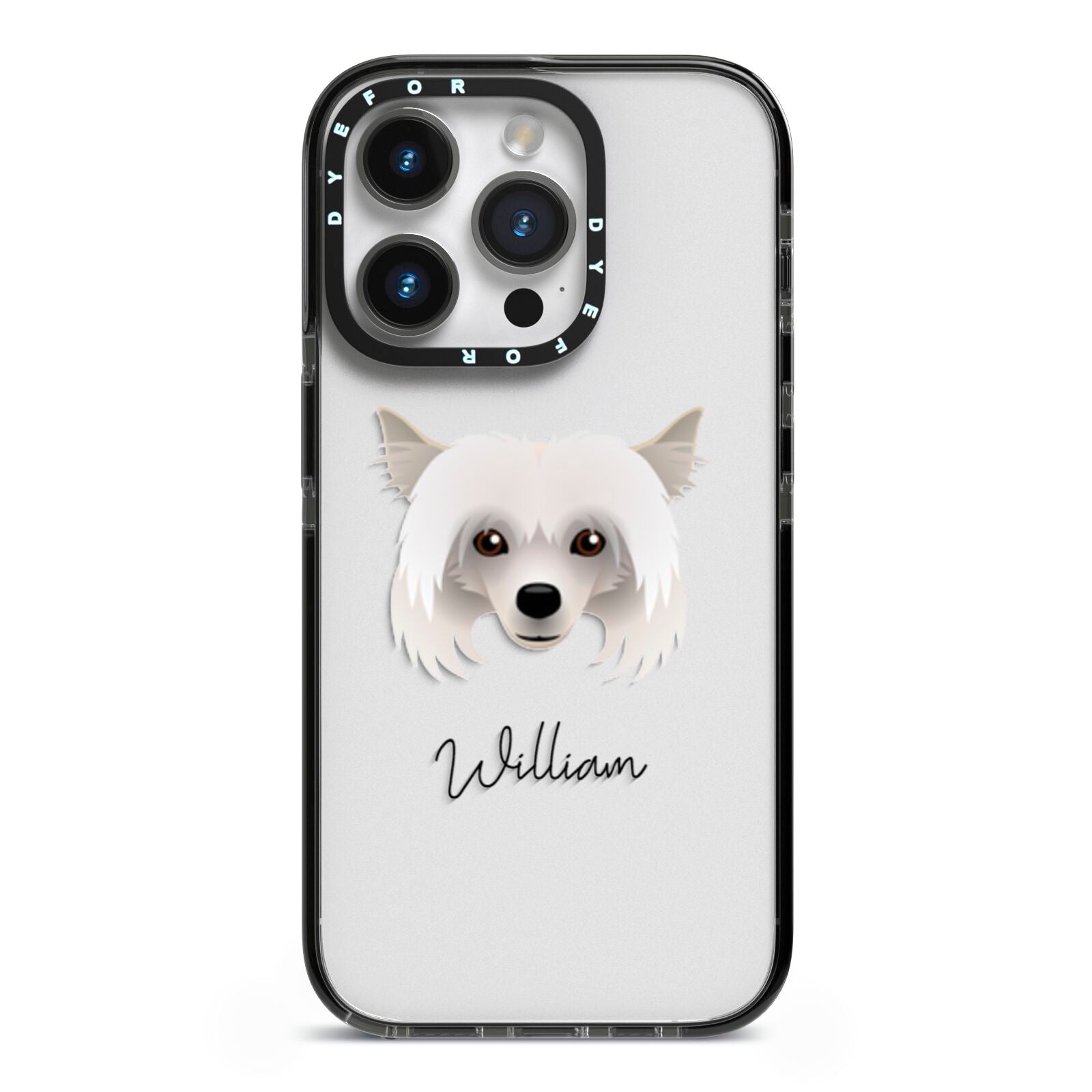 Powderpuff Chinese Crested Personalised iPhone 14 Pro Black Impact Case on Silver phone