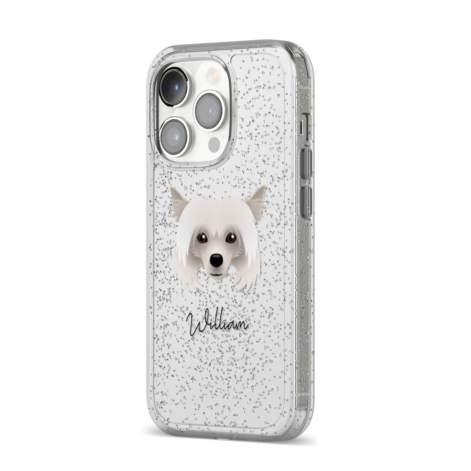 Powderpuff Chinese Crested Personalised iPhone 14 Pro Glitter Tough Case Silver Angled Image