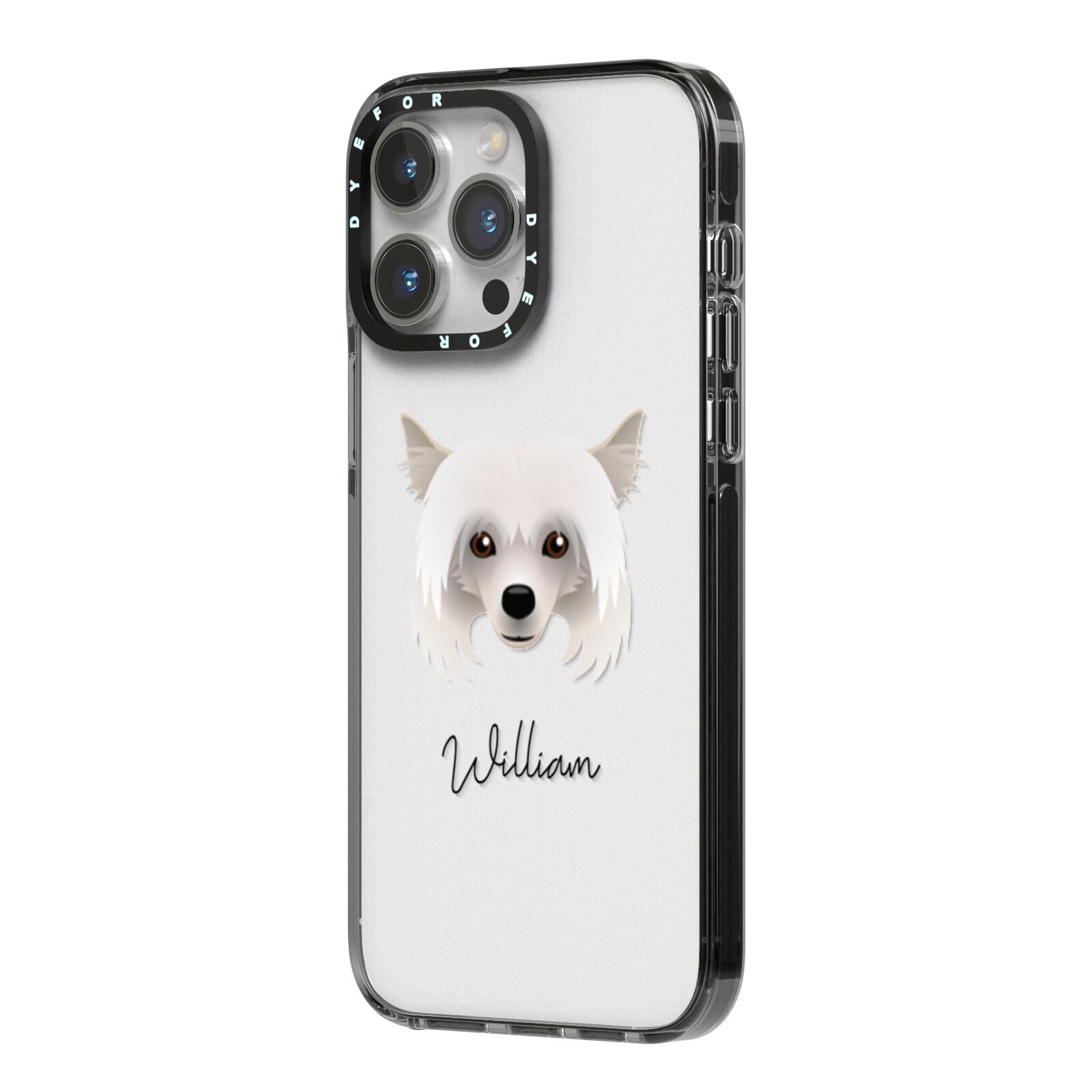 Powderpuff Chinese Crested Personalised iPhone 14 Pro Max Black Impact Case Side Angle on Silver phone
