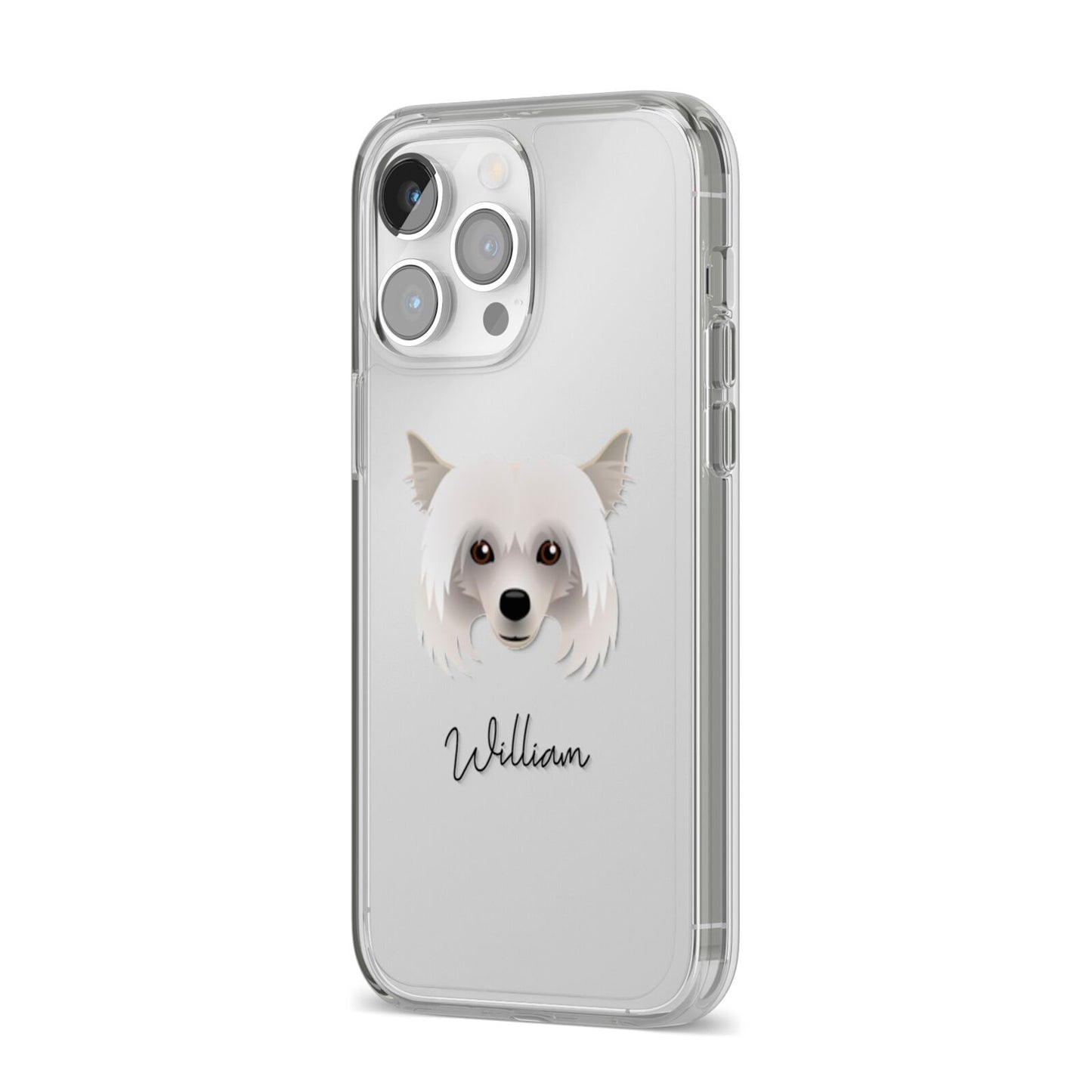 Powderpuff Chinese Crested Personalised iPhone 14 Pro Max Clear Tough Case Silver Angled Image