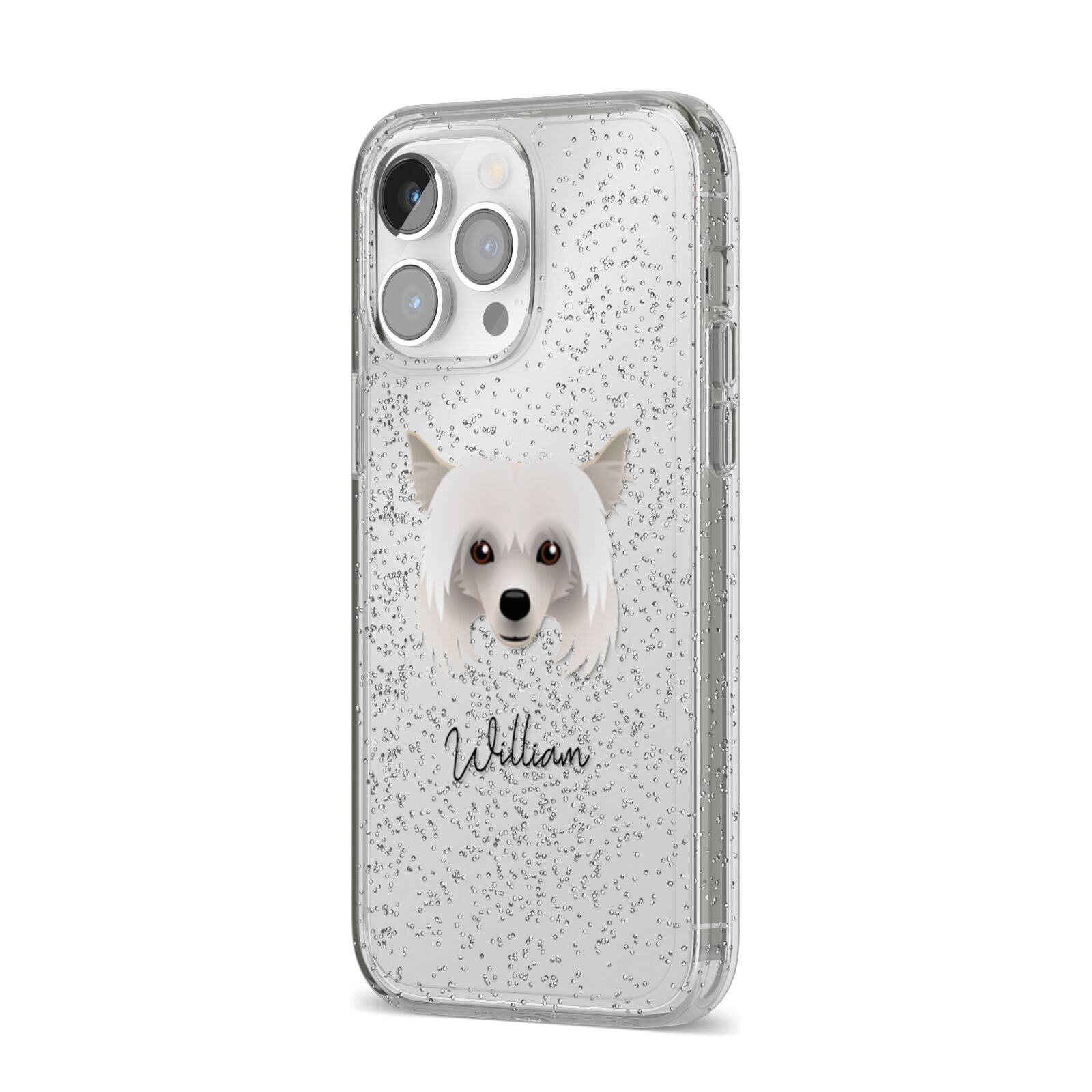 Powderpuff Chinese Crested Personalised iPhone 14 Pro Max Glitter Tough Case Silver Angled Image
