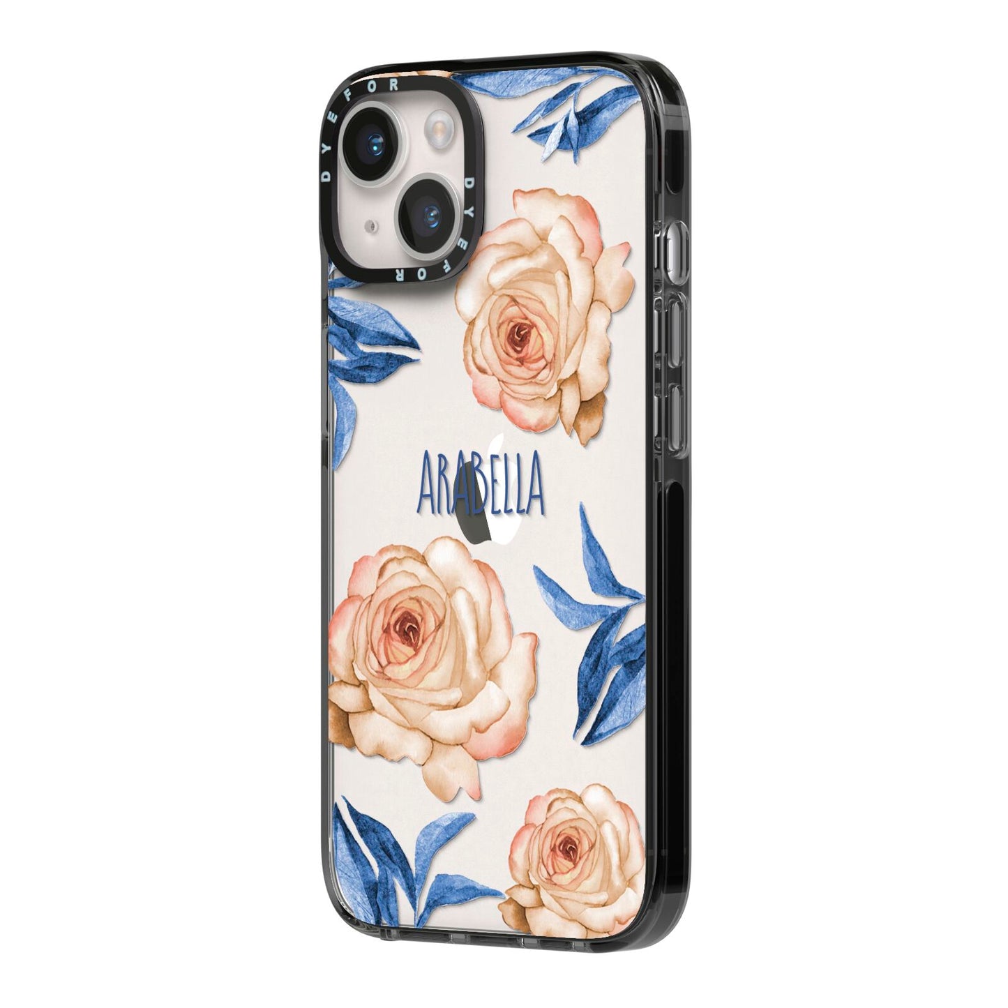 Pretty Floral Custom iPhone 14 Black Impact Case Side Angle on Silver phone