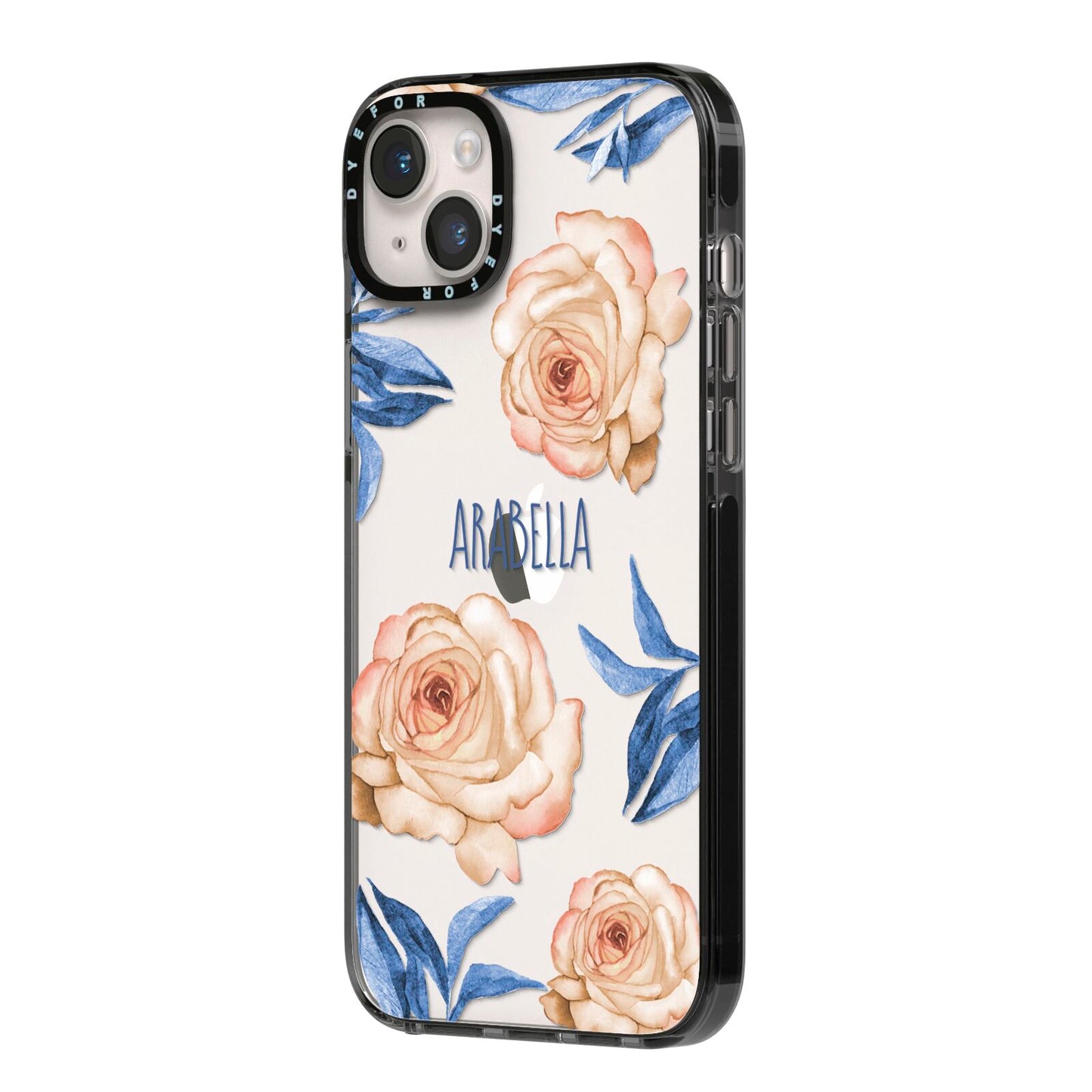 Pretty Floral Custom iPhone 14 Plus Black Impact Case Side Angle on Silver phone