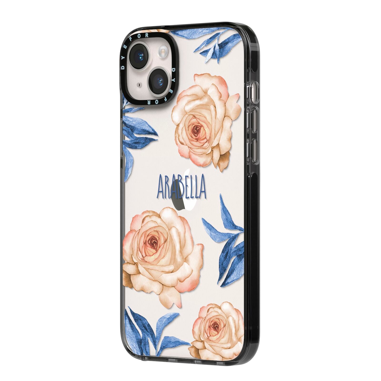 Pretty Floral Custom iPhone 14 Plus Black Impact Case Side Angle on Silver phone